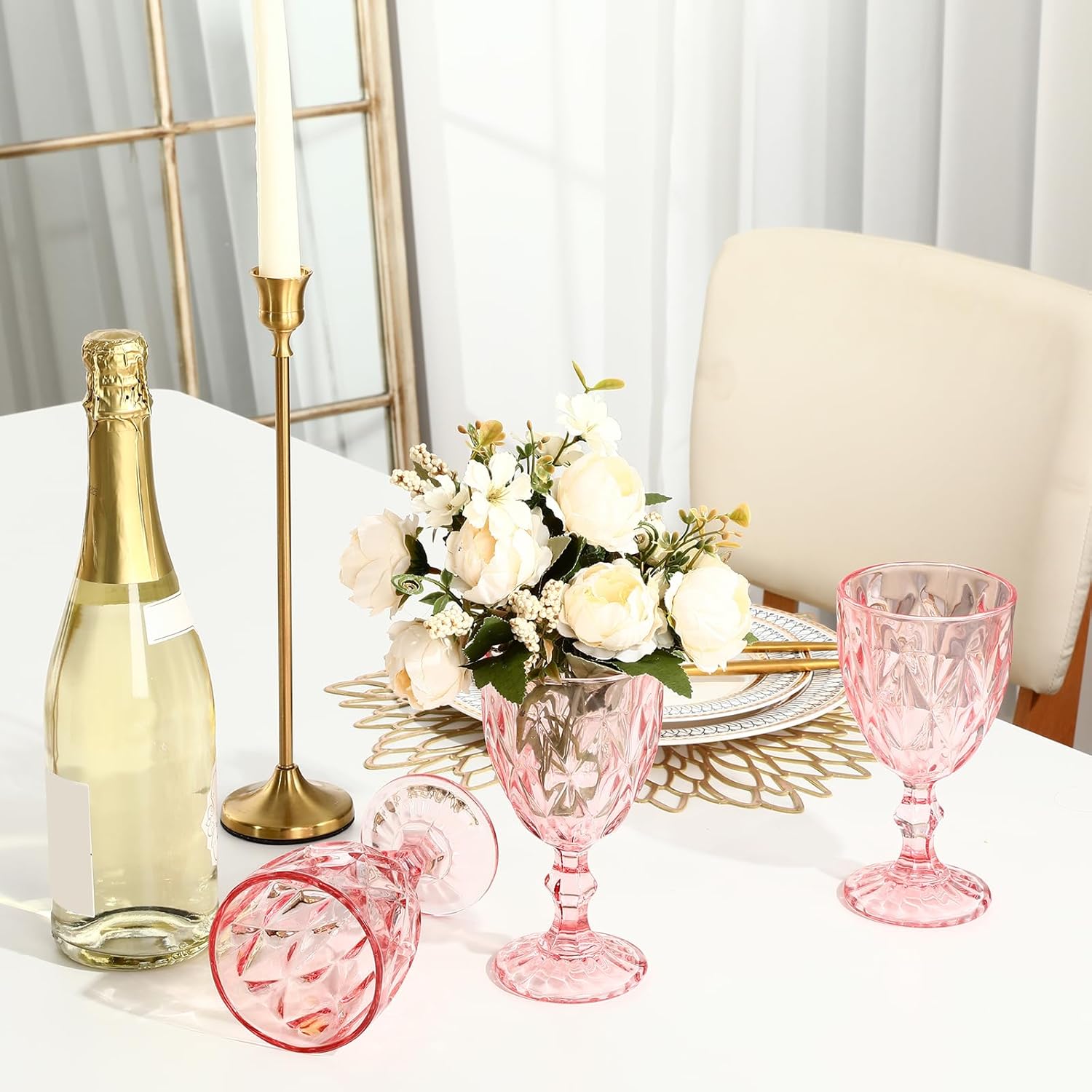 Yinder Glass Goblet Vintage Wine Goblet Embossed Glassware 10 oz Solid Color Glass Stemmed Cups for Iced Tea Beverage Soda Juice Water Liquor and Party Wedding Bars Restaurants(Pink,6 Pack)