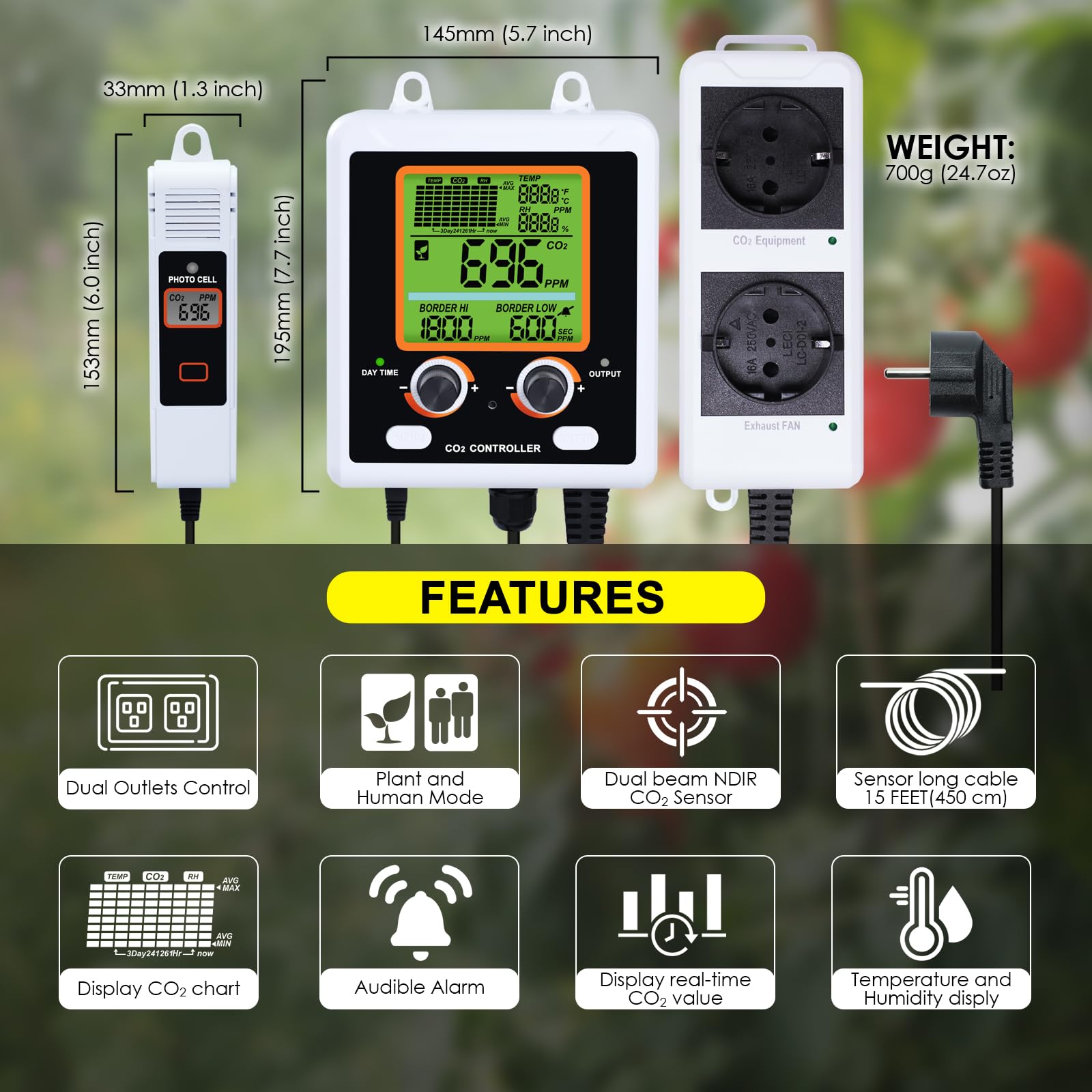 CO2-Controller mit zwei Steckdosen für den Grow Room, Zwei Smart-Steckdosen steuern automatisch CO2-Regler und Ventilatoren, NDIR-Sensor CO2-Monitor und Controller mit großem Display für CO2-Diagramm