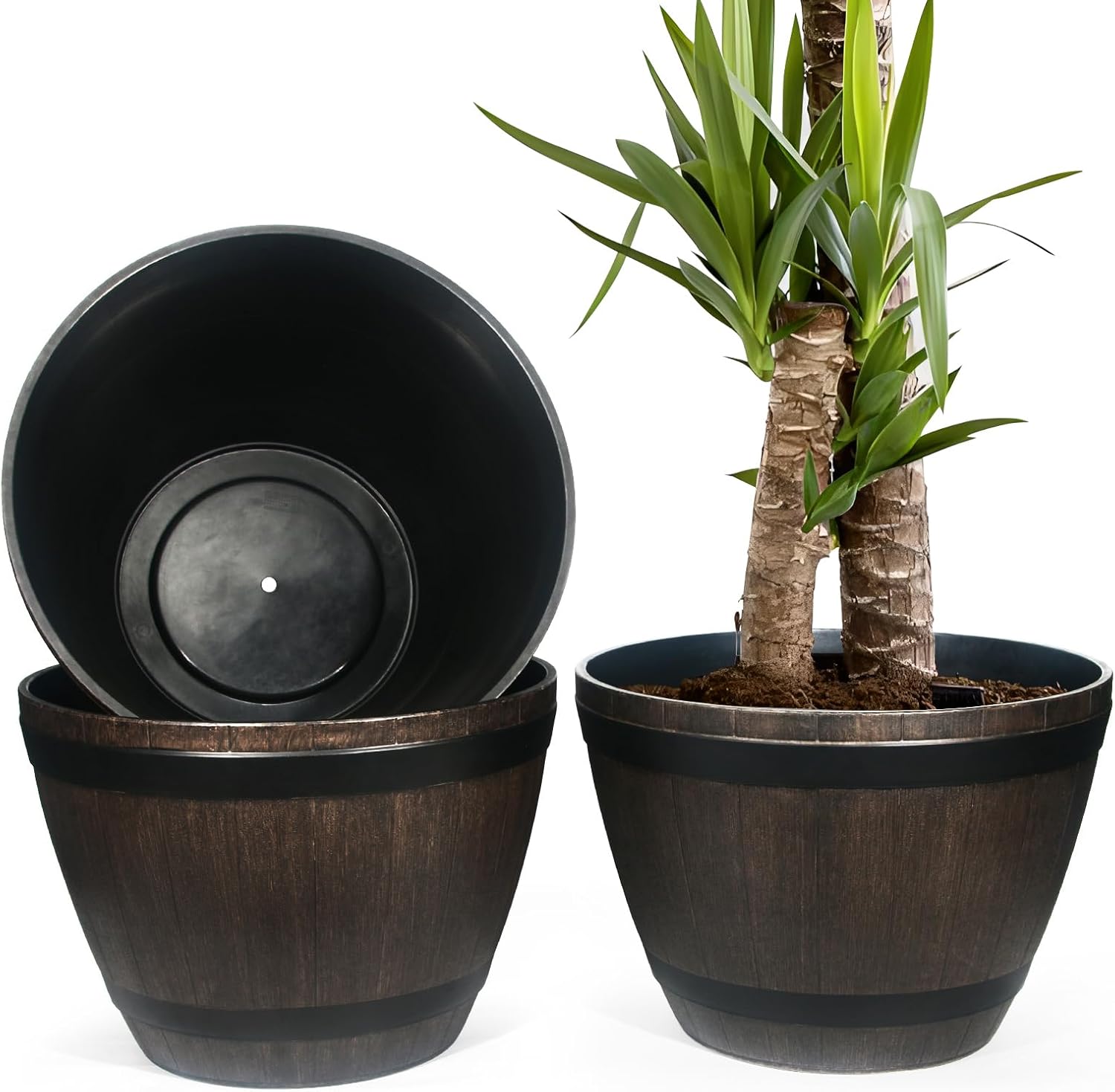 Large Whiskey Barrel Planter - Outdoor Garden Pot, 21" Dia x 15" H