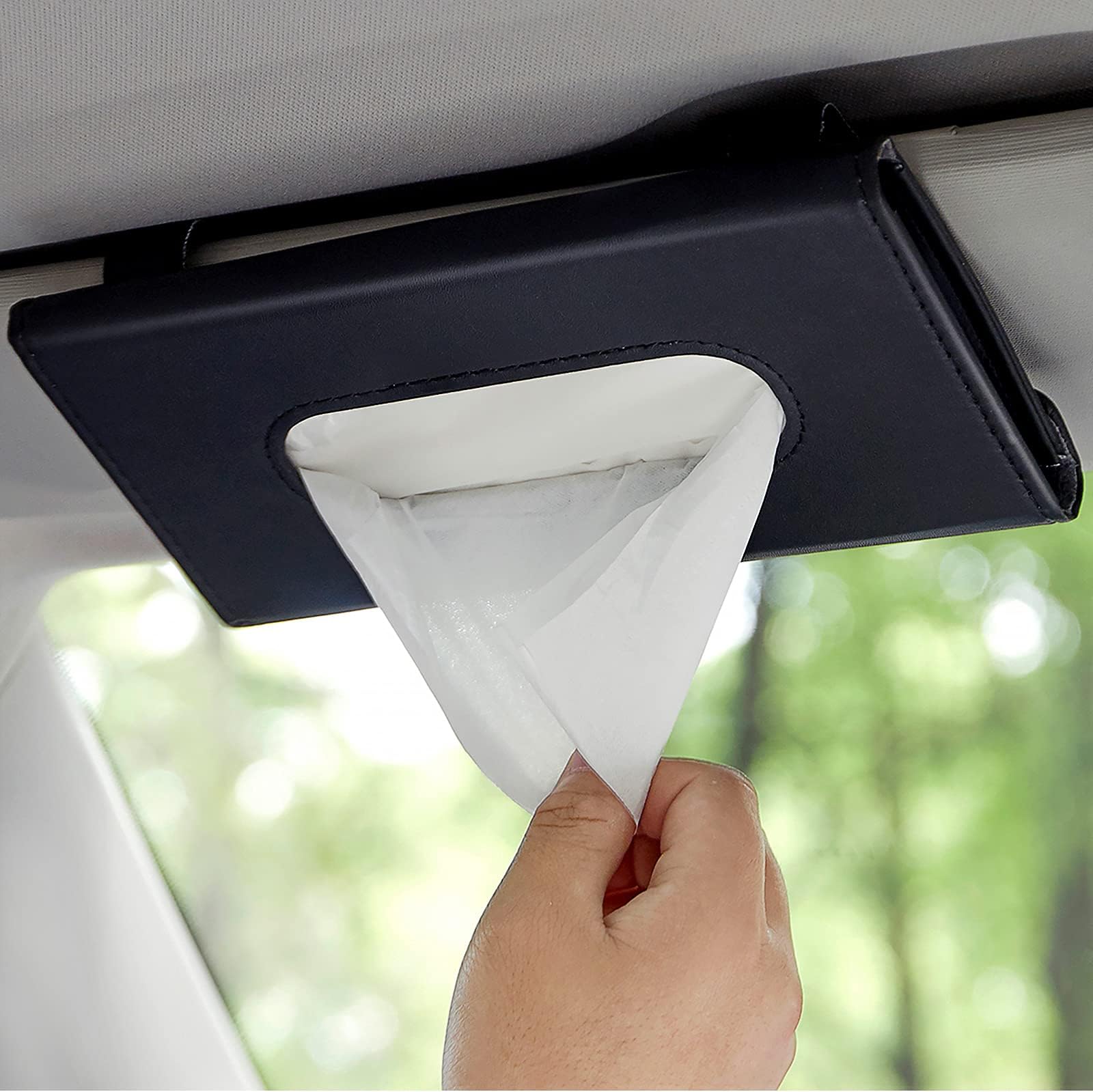 Car Tissue Holder, Upgraded Version Hanging Tissue Holder in Car, Premium PU Leather Cars Napkin Holder for Universal Auto, Easy to Use (Black)