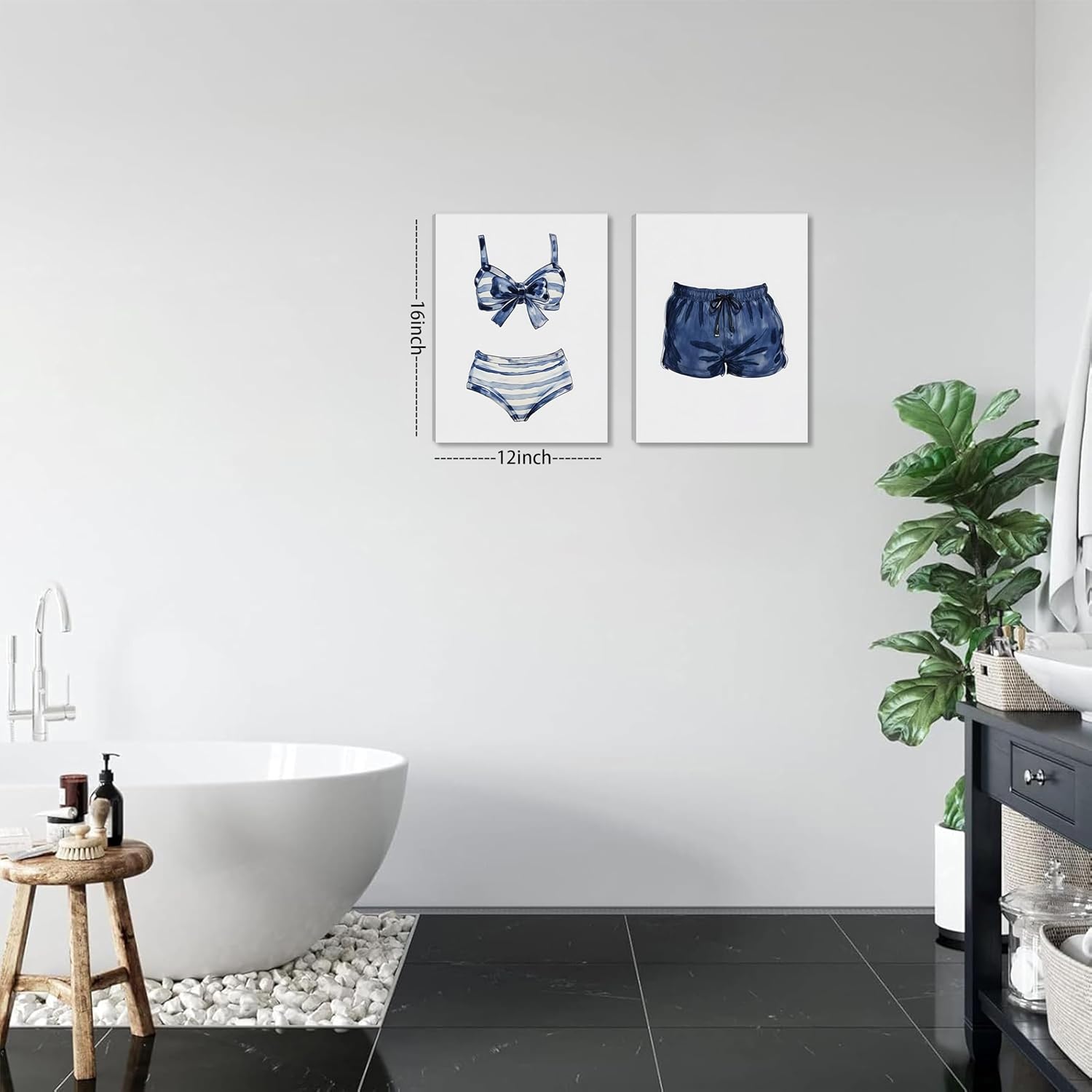 Blue White Swimsuit Canvas Wall Art, Beach House Wall Decor, Vintage Painted Swimsuit Artwork, Coastal Lake House Picture Painting Print for Girls Room Bedroom 12x16 inch Framed