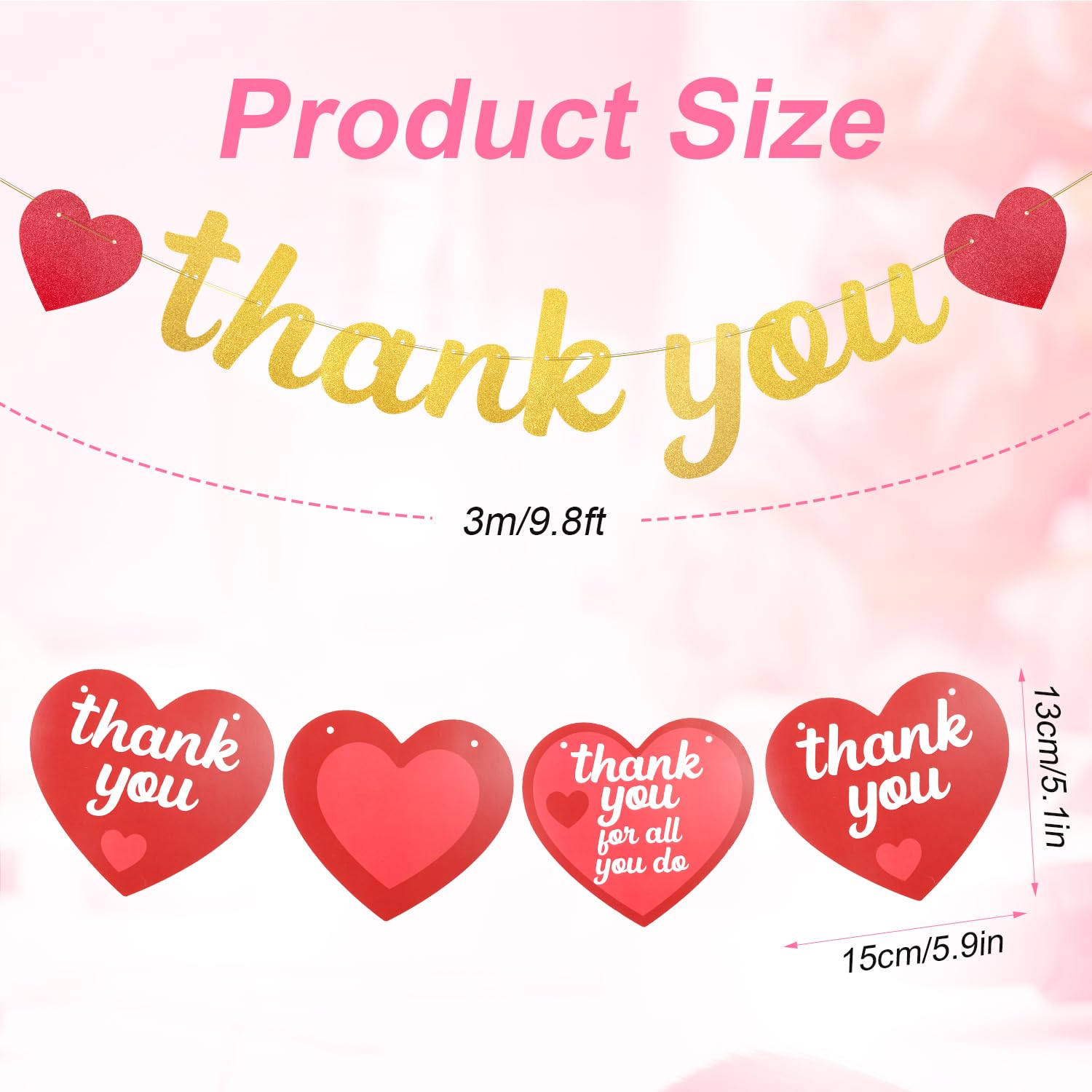 Thank You Banner - No-DIY Glitter Teacher Appreciation Decorations for Staff Employees, Doctor, Nurse, Gold - Image 2