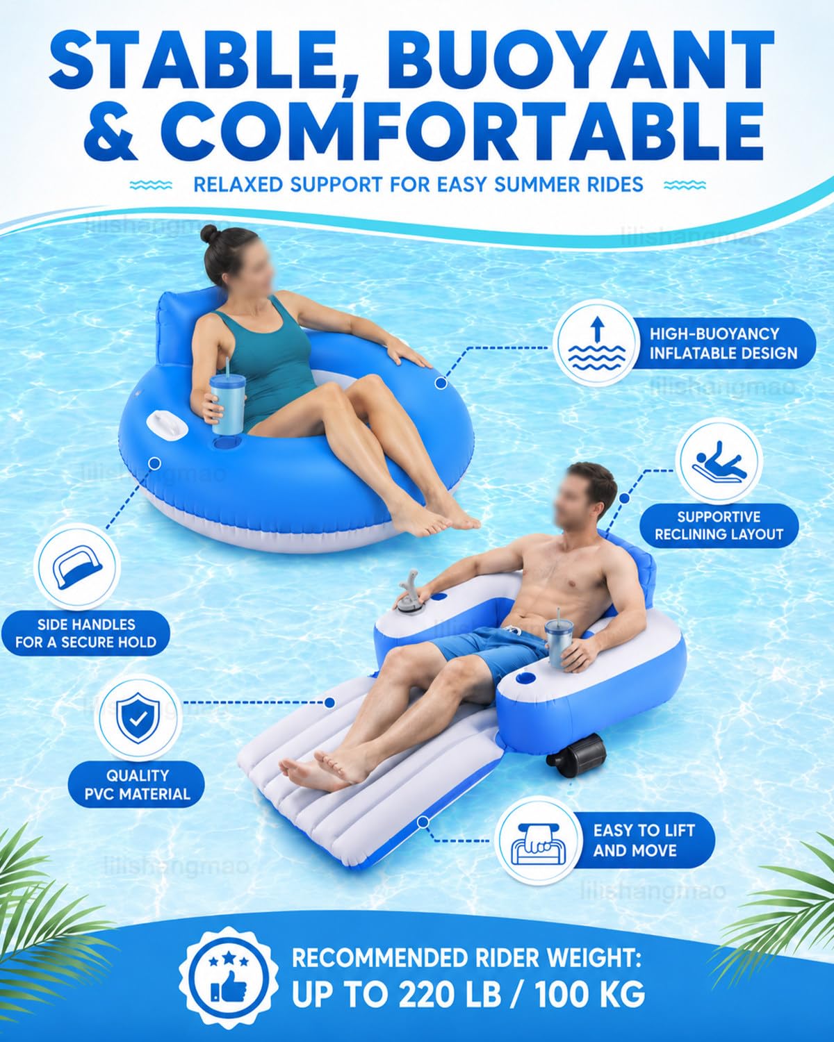 Galleggiante motorizzato per piscina, lettino elettrico con batteria ricaricabile, doppia elica, portabicchieri, maniglie e schienale per feste in piscina e divertimento all'aperto