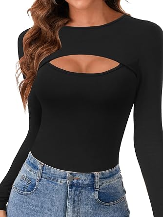 Vrtige Womens Long Sleeve Top Cut Out Front Fitted Sexy Cute Casual Tops Tee Dressy T-Shirt