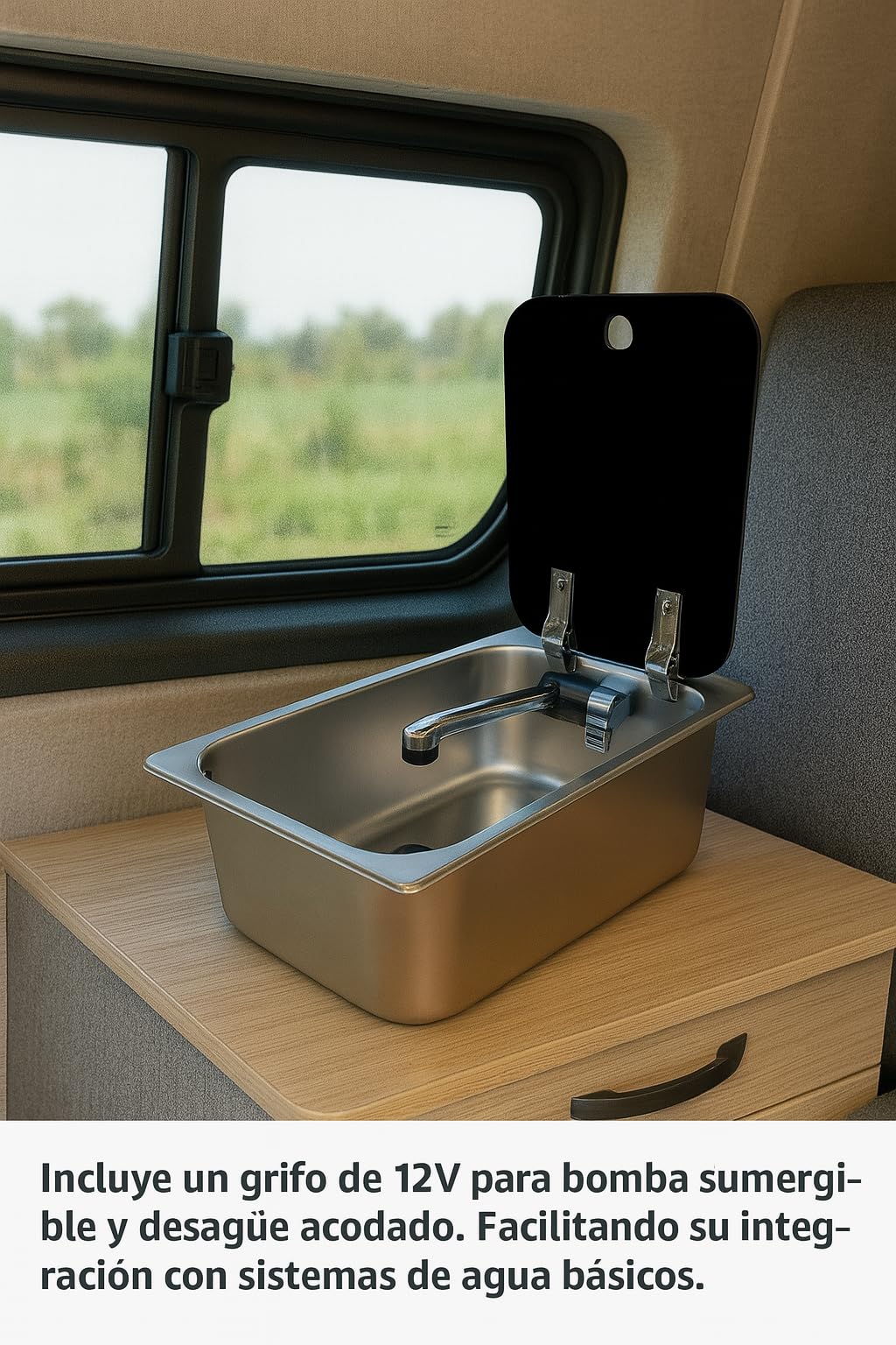 Fregadero Camper con tapa, Grifo 12V y Desagüe 35x32x15 – Ideal para Kit Camper Furgoneta, Lavabo Caravana y Cocina Camper, Ideal para Muebles Camper