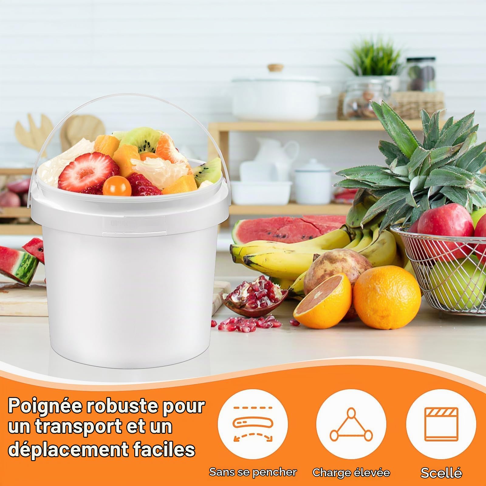 Lot de 10 Seaux en Plastique Blanc 2 L avec Couvercles et Poignées | Bacs Alimentaires en PP compatibles Micro-ondes, Congélateur et Lave-vaisselle pour Cuisine, Peinture, Camping et Rangement