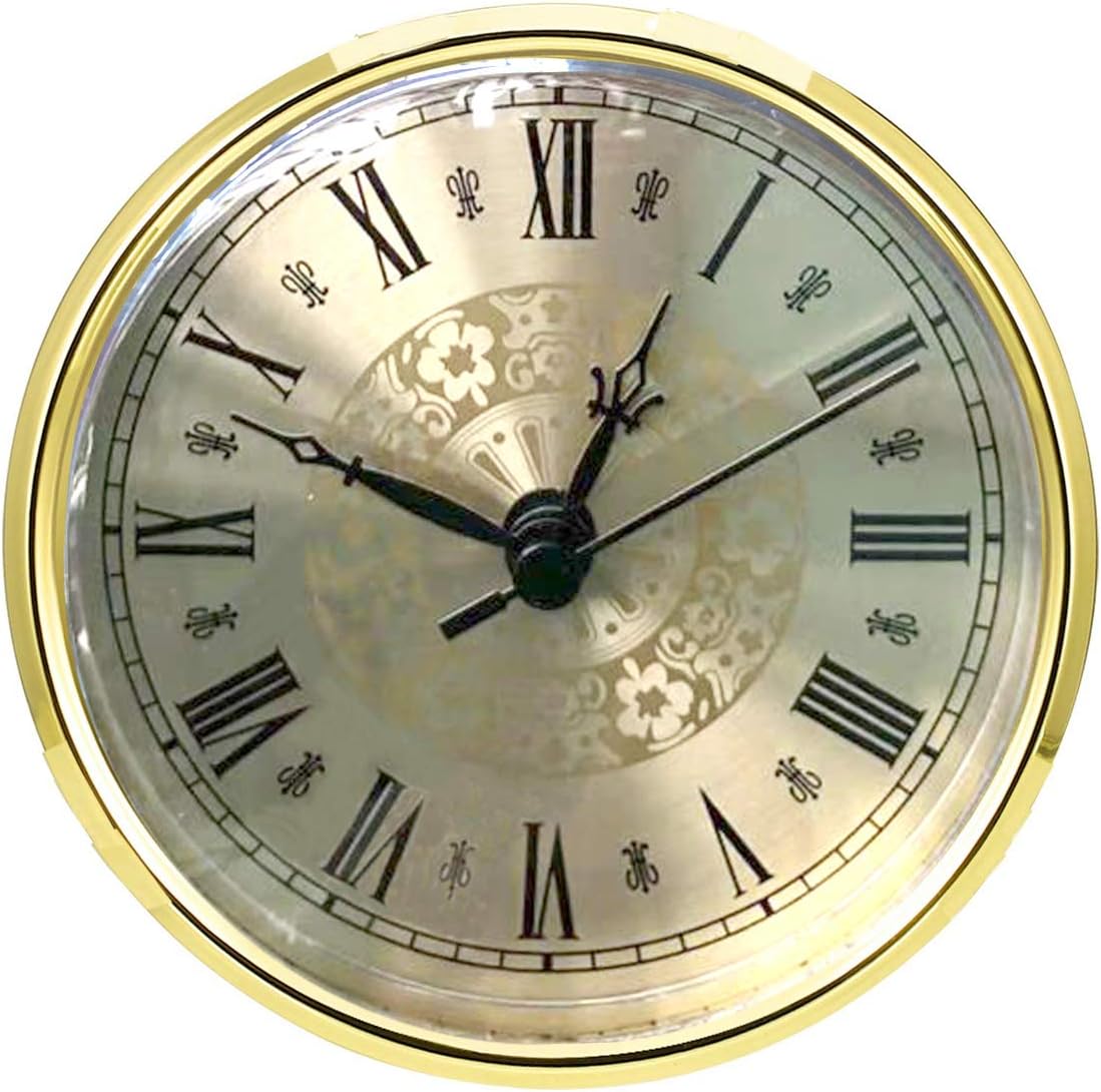 HILLHOME Mini Clock Insert 4.3 Inch(110 mm) Round Quartz Clock Fit-up Movement Miniature Clock Gold Dial Gold Tone Bezel Roman Numerals, Fit 3.7 Inch (94 mm) Diameter Hole