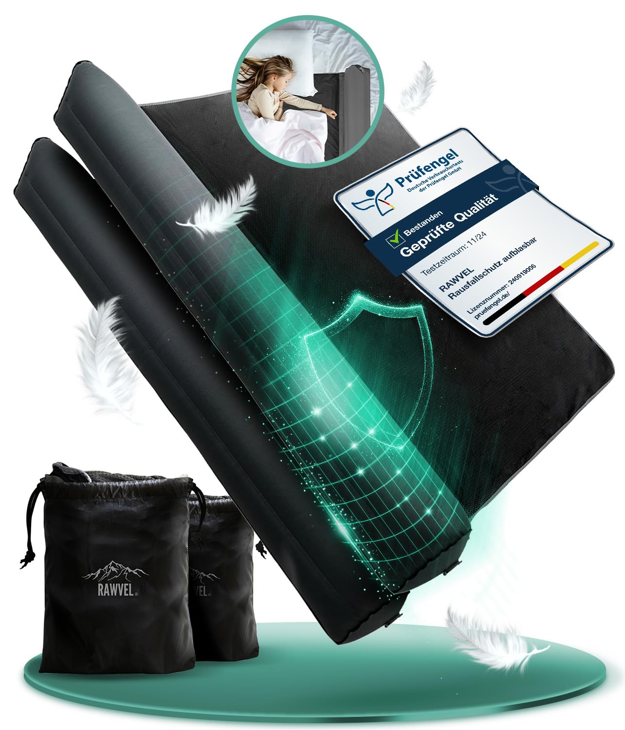 RAWVEL® Rausfallschutz aufblasbar 130cm Light - [NEU 2025] - passend für alle Betten Zuhause & auf Reisen - Rausfallschutz Bett Reise BPA Frei & Laborgeprüft - Rausfallschutz Boxspringbett (2er Set)