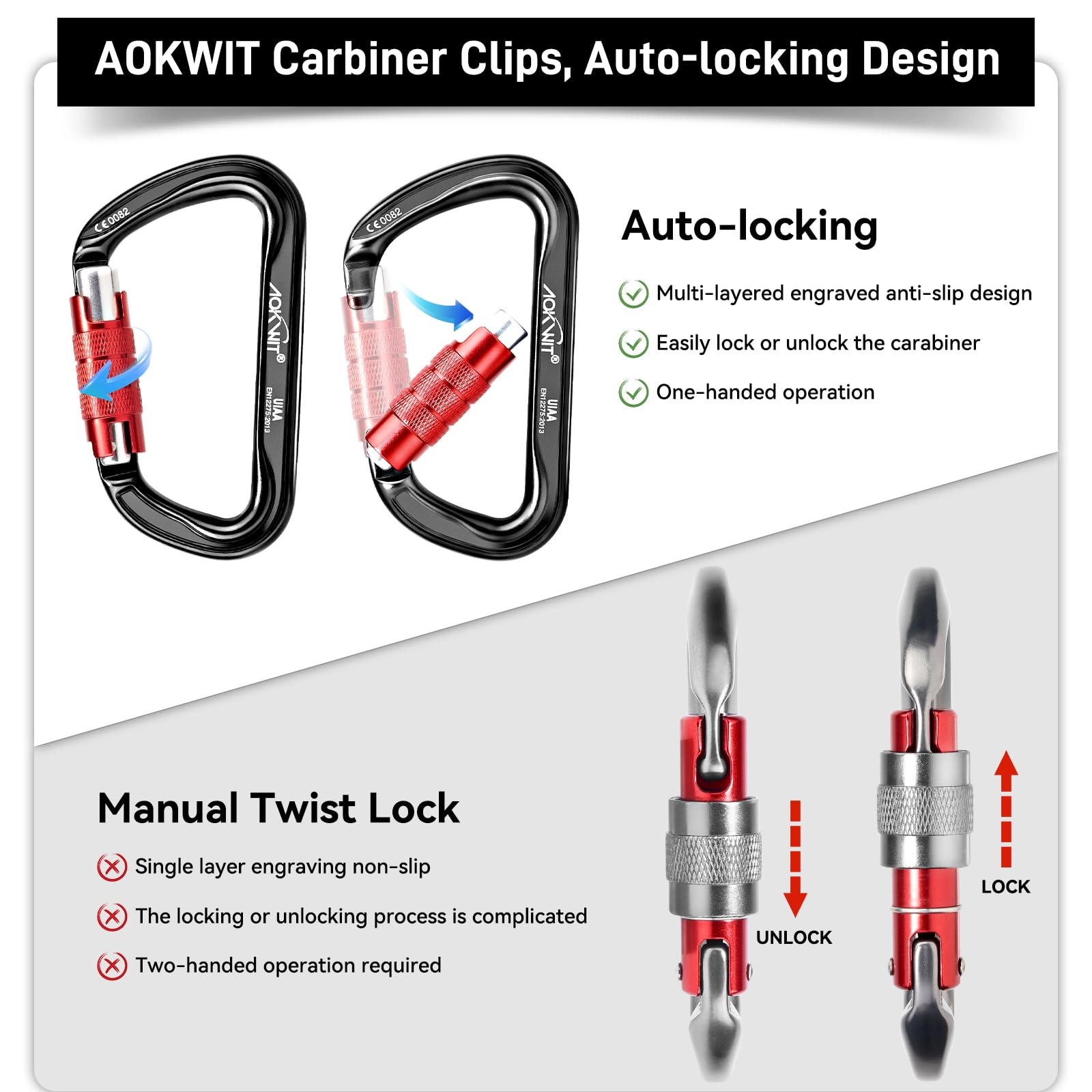 30 kN automatischer Verriegelungs-Karabiner, Drehverschluss, UIAA-zertifiziert, großer Kletterkarabiner, robuster Karabiner für Felsen, Klettern, Abseilen, Bergsteigen, Höhlen, Rettung, Baumpfleger