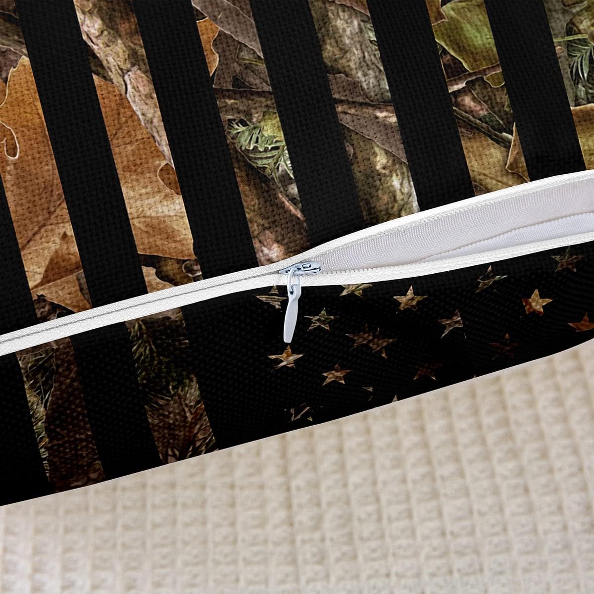 American Flag Camo Throw Pillow Cover 24x24, Military Hunting Pillow Cover, Rustic Tree Leaves Camouflage Cushion Case, Nature Conifer Oak Branches Decorative Pillow Cover For Boys, Black Brown