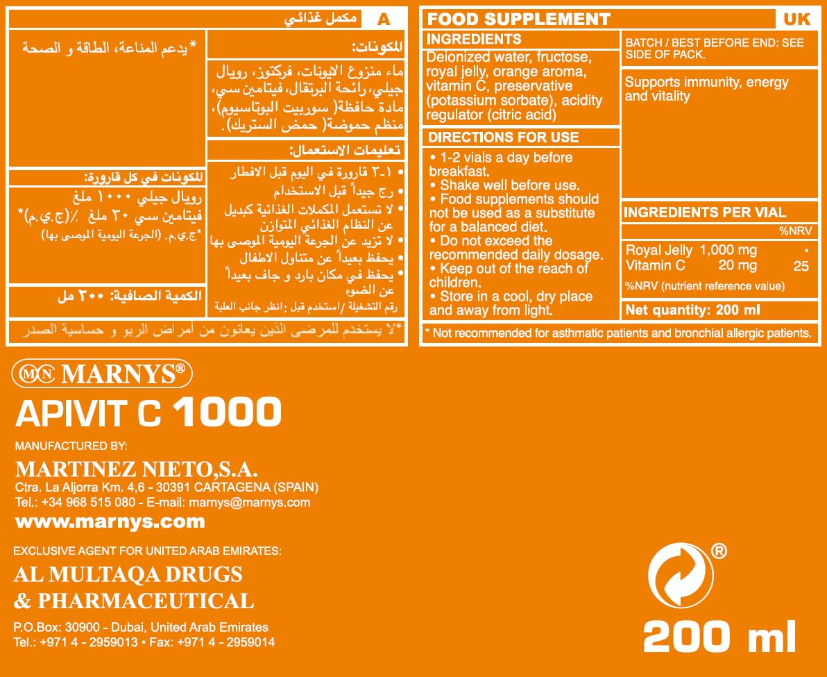 MARNYS Apivit C Plus Drinkable Vials, Pack of 20, Royal Jelly 2000mg + Vitamin C Food Supplement to Help Reduce Tiredness & Fatigue and Support the Immune System, Daily Energy Boost