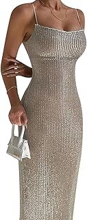 Women's Sequins Midi Dress Sexy Back Slit Spaghetti Strap Bodycon Long D...