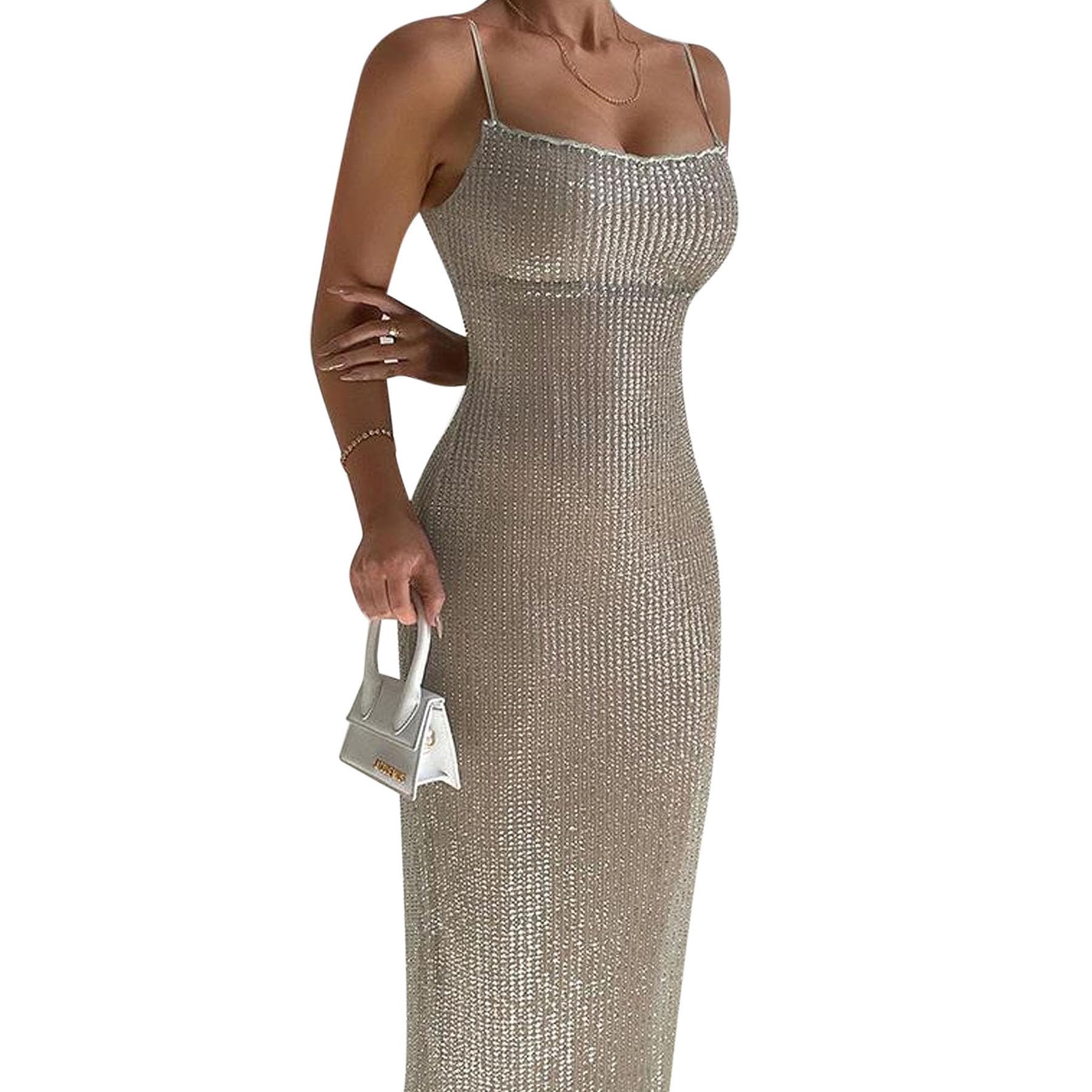 Womens Sequins Midi Dress Sexy Back Slit Spaghetti Strap Bodycon