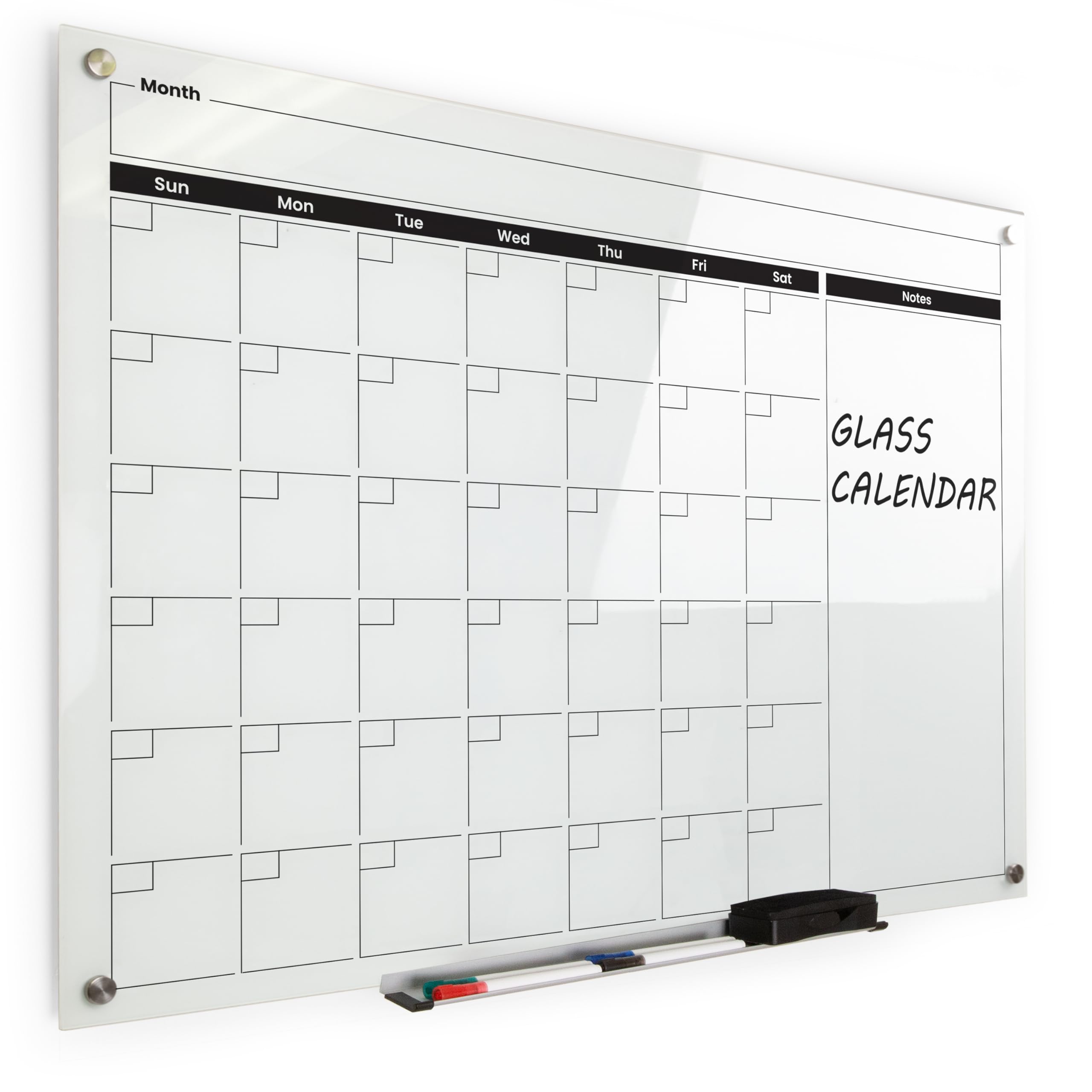 Real Glass Dry Erase Monthly Calendar, Giant Size 34" x 46", White Tempered Glass Surface, Frameless Wall Mount, with 4 Assorted Color Markers and