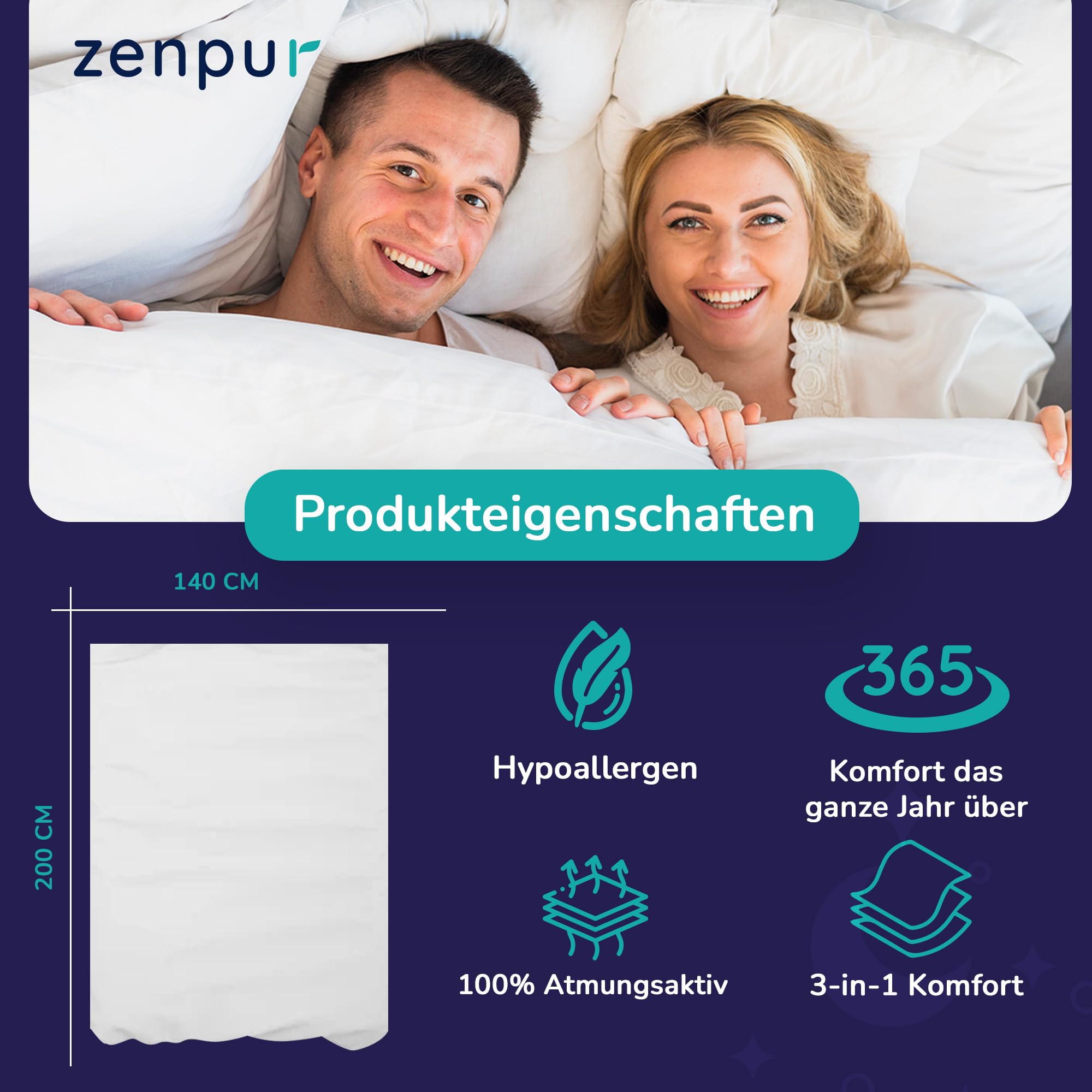 ZenPur Bettdecke für Kinder, 135 x 200 cm, hergestellt in der EU, Zertifiziert nach Öko-TEX 100, Komfort und Qualität für einen erholsamen und ruhigen Schlaf