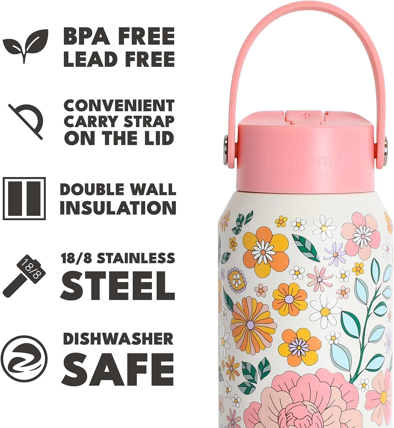 Elemental 40oz Insulated Water Bottle with Straw - 100% Leak-Proof Stainless Steel Core Water Bottles for Travel, Sports and Gym - Double Wall Insulation & BPA Free - Blossom Luxe