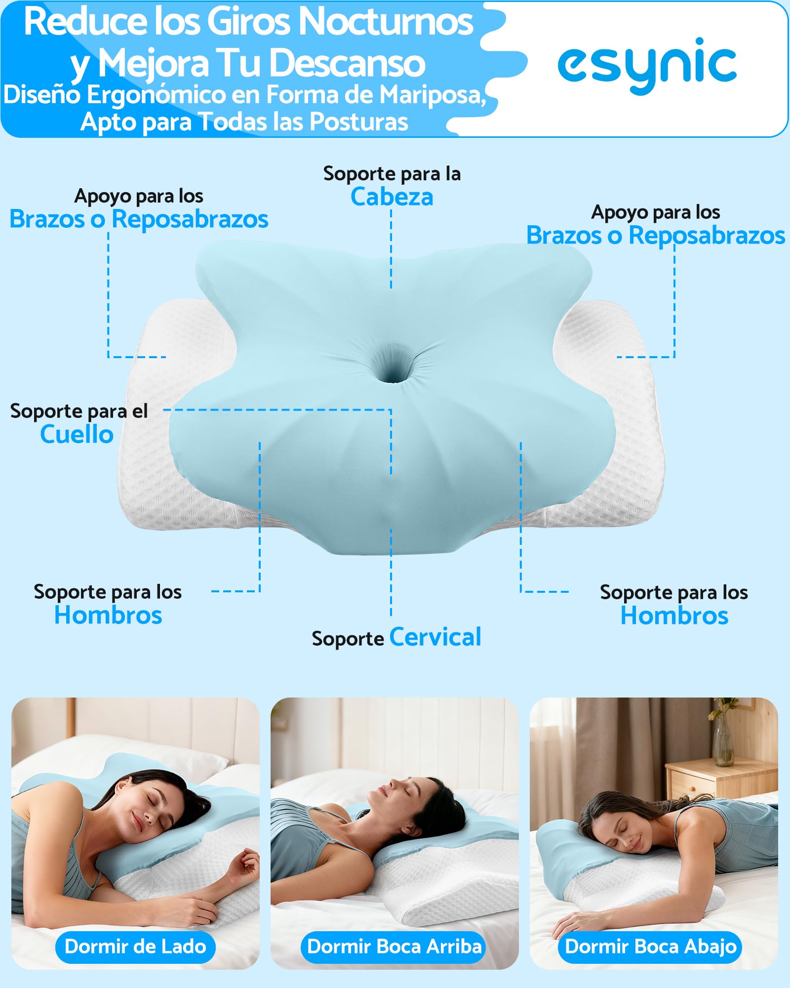 eSynic Almohada Viscoelástica Ergonómica para Cuello y Cervical Cojín Ortopédico de Espuma de Memoria con Doble Altura 11/13 cm Almohada para Dormir de Lado y Boca Arriba Funda Transpirable y Lavable