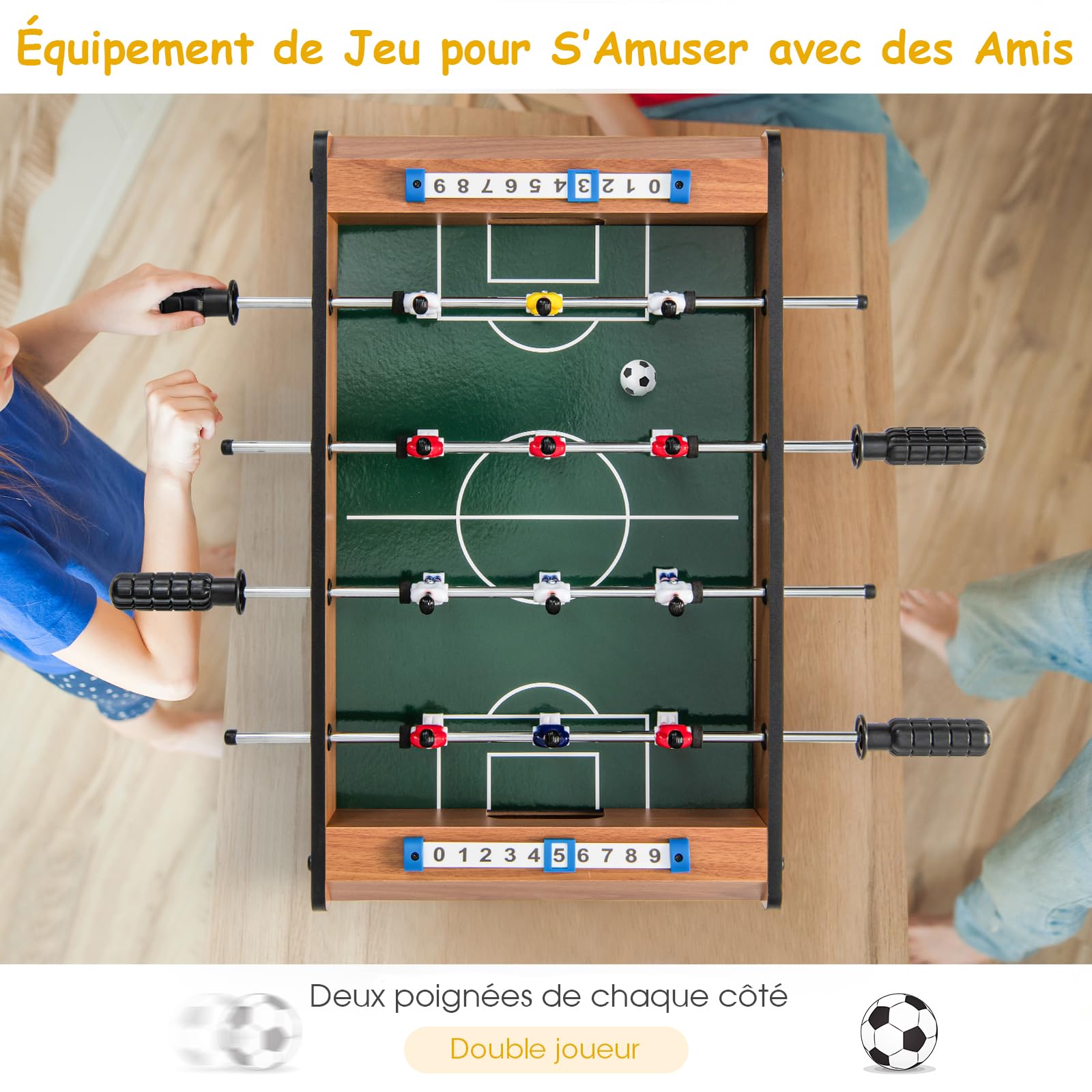 COSTWAY Baby-Foot en Bois avec Poignée Durable, Table de Jeu avec 2 Ballons, Coins Arrondis, Jouets pour Adulte et Enfant pour Fête, Bar, Salle de Jeux, 51 x 30,5 x 9 cm