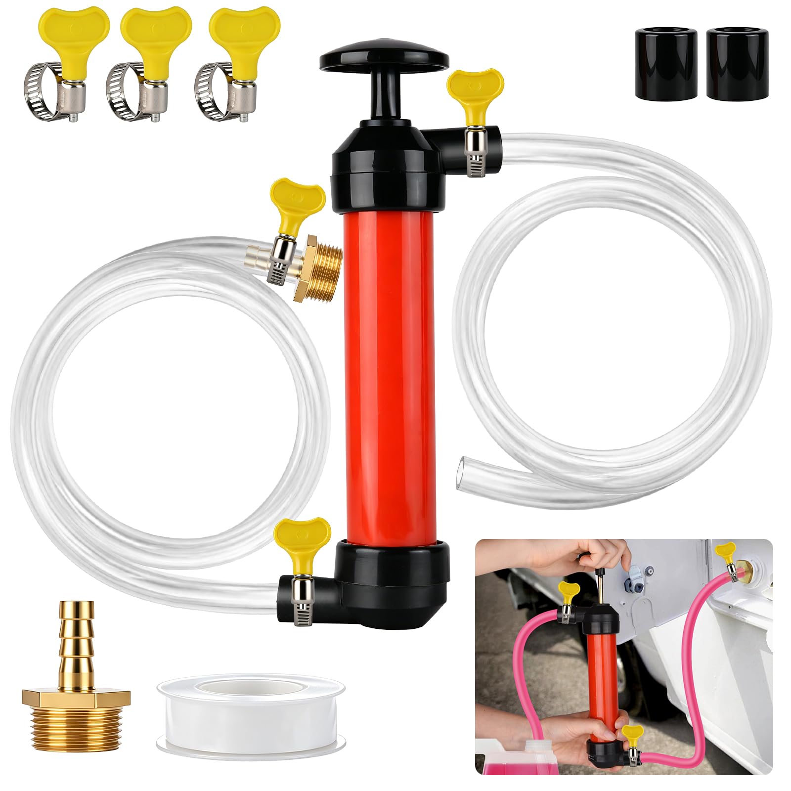 Flintronic Manual Syphon Pump, Dual Purpose Air and Fluid Transfer Pump, Multi-Purpose Hand Siphon Tool for Fuel and Fluid Transfer, Oil Extractor Pumps Syringe Set,Easy to Use (Red)