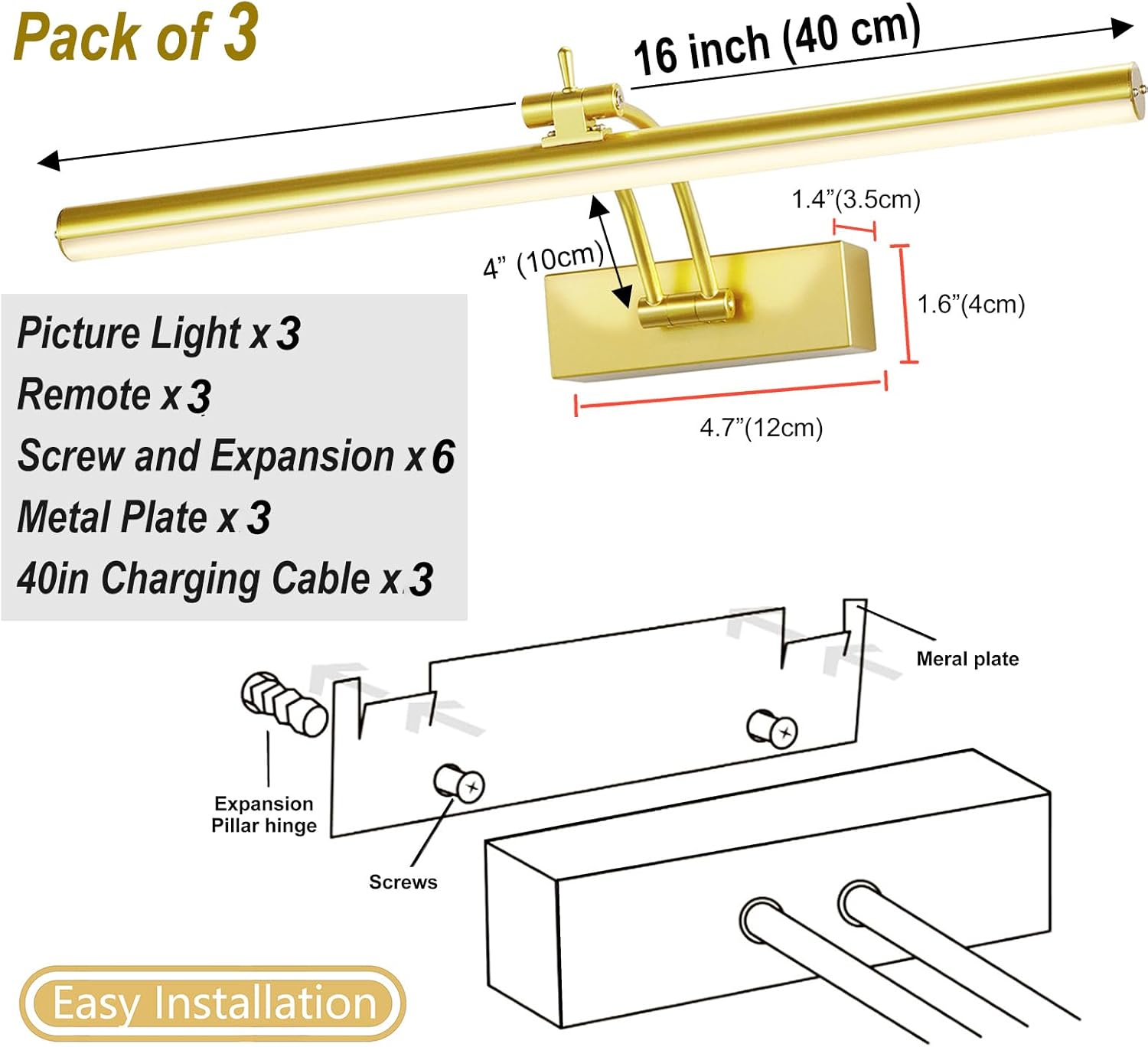 Yuichoy 3 Pack Picture Light Battery Operated for Wall, 16" Wireless Display Art Lighting for Painting with Remote, Dimmable 5200mAh Library Light, Gold Picture Frame Lights for Gallery