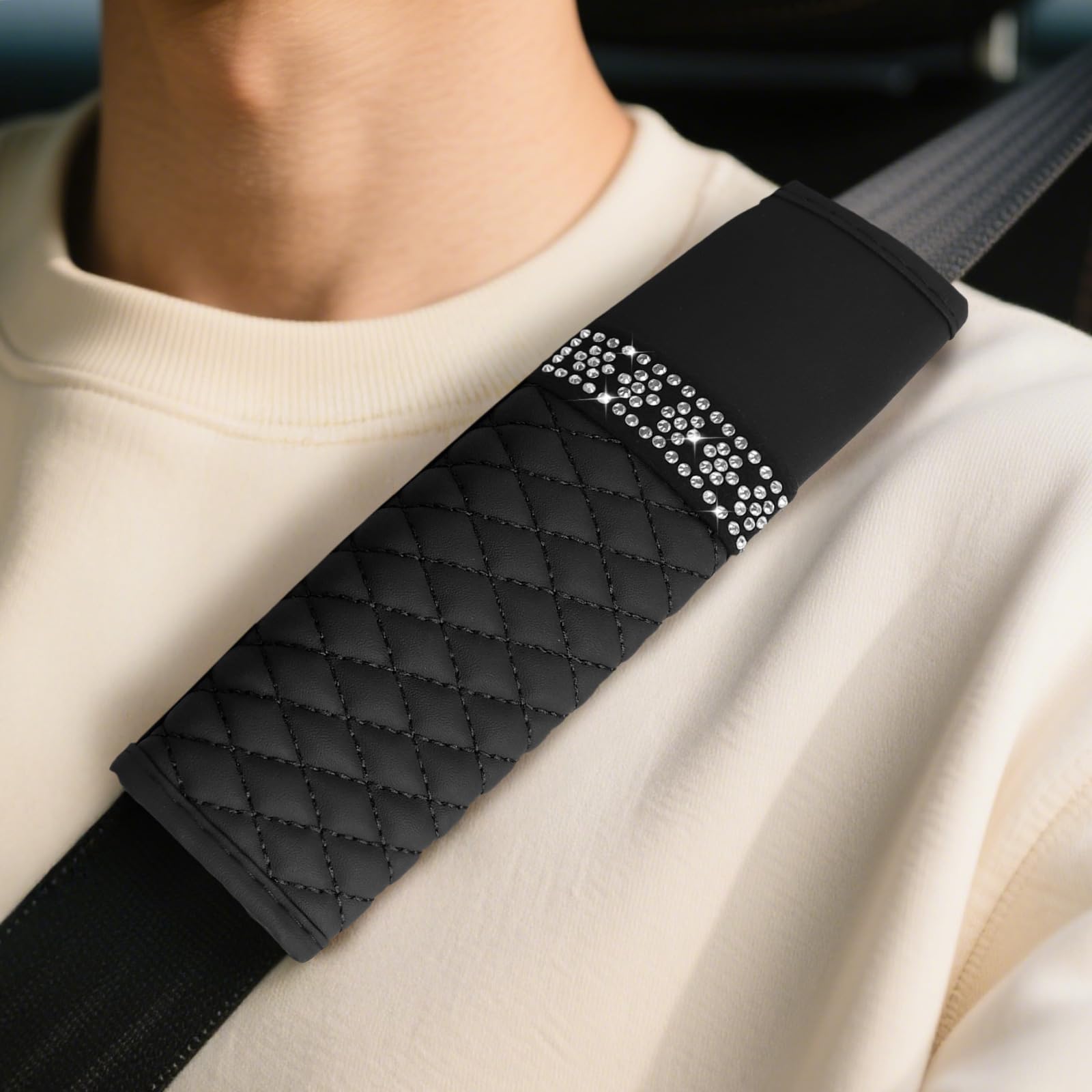 wuyaoyao 2PCS Bling Car Seat Belt Cover Pad, Breathable Leather Seatbelt Covers for Cars, Soft Comfortable Seatbelt Shoulder Strap Covers, Rhinestone