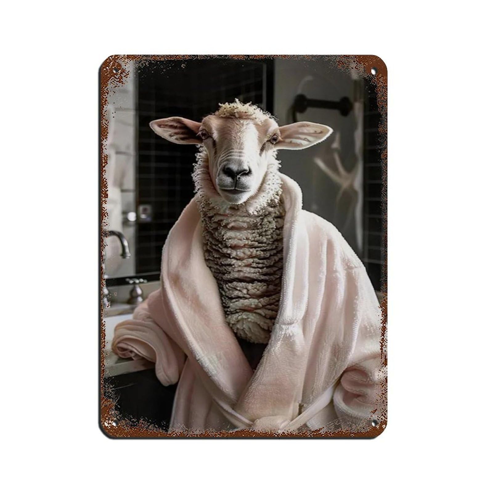 Funny Sheep in Bathrobe, Bathroom Art Tin Sign Vintage Metal Pub Club Cafe Bar Home Wall Art Decoration Poster Retro 12x16inch(30x40cm)
