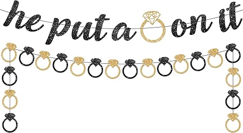 Miniatura 10 de KatchOn, Cartel dorado con texto en inglés He Put A Ring On It, con purpurina, de 10 pies, sin bricolaje  Cartel con texto en inglés He Put A Ring