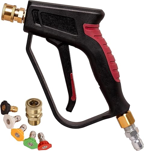 Pistola de lavado a presión corta con giratorio, entrada de 38 pulgadas y salida de 14 de pulgada, conexiones rápidas, 4000 PSI con boquillas de