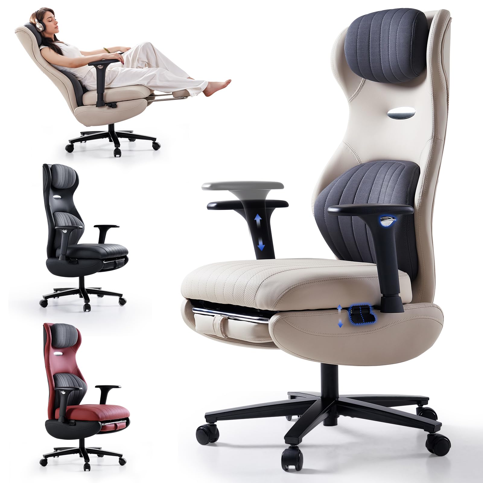 EMIAH Silla Oficina Ergonómica, Silla de Escritorio Reclinable con Reposapiés, Reposabrazos Ajustables, Silla Game de Respaldo Alto, Silla de Ordenador Ejecutiva con Soporte Lumbar, Cuero PU (Blanco)