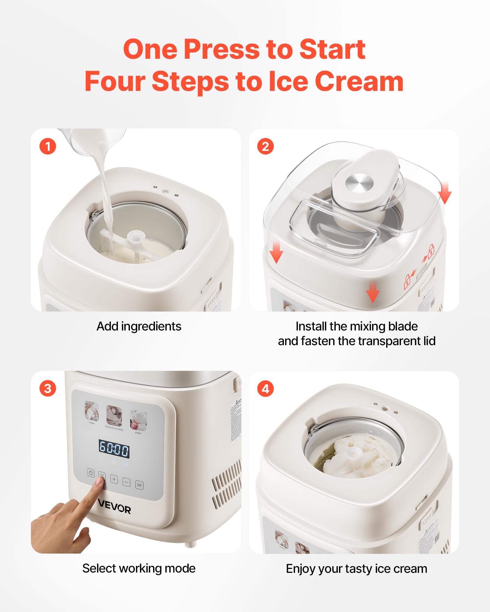 VEVOR Gelatiera Automatica Verticale con Compressore Integrato, Macchina per Gelato Senza Precongelamento da 1 L Sorbettiera Elettrica a 4 Modalità, Macchina per Gelato con Compressore per Casa