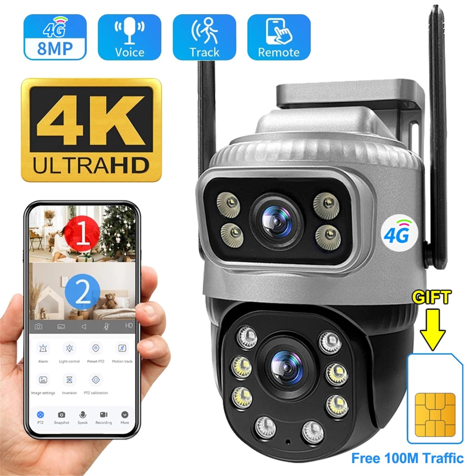 Kamera IP 4G z kartą SIM, podwójny obiektyw, wodoodporny, monitor do monitoringu zewnętrznego, noktowizor, ochrona domu CCTV(Camera 32G Card)