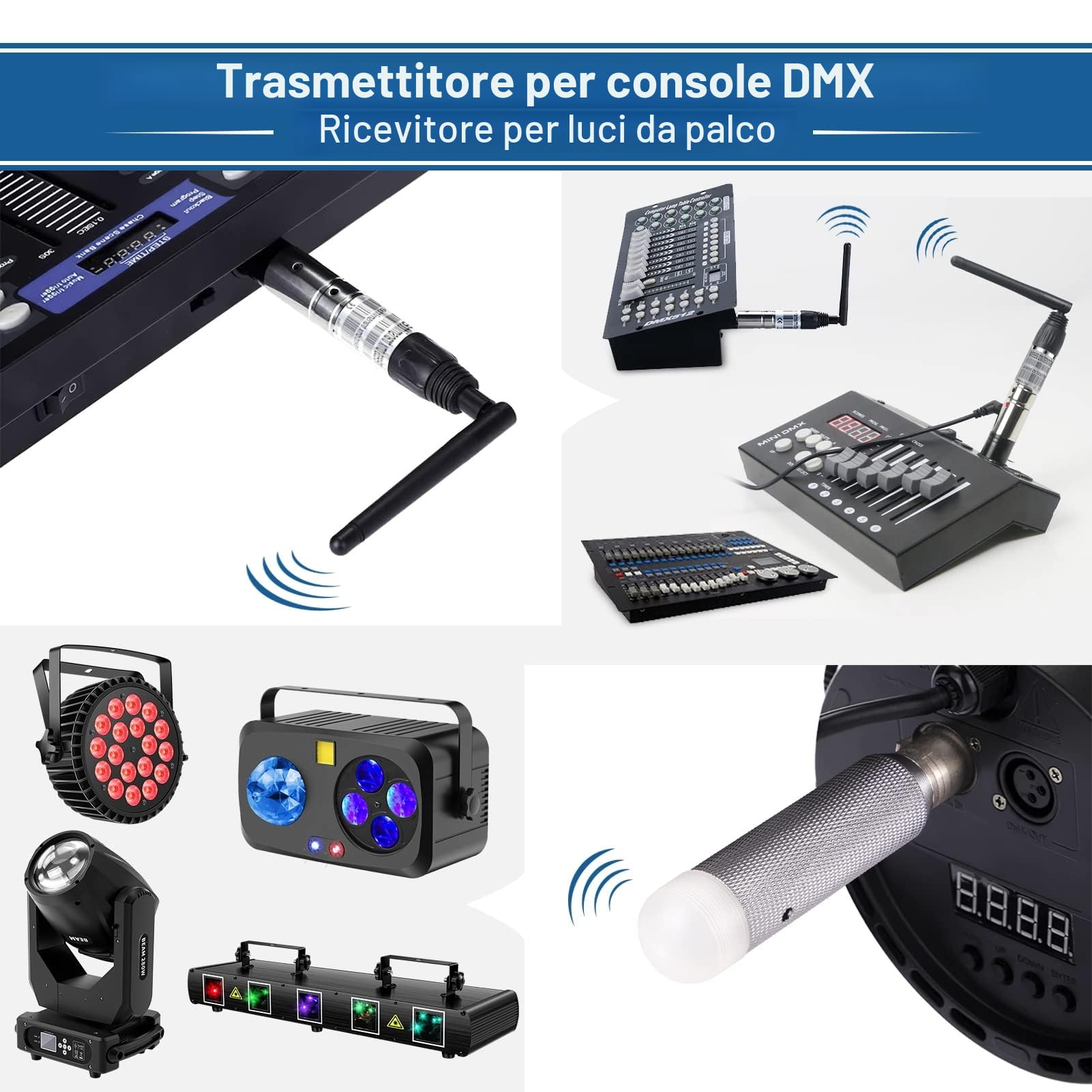 Confezione da 4 dmx512 Maschio/Femmina trasmettitori wireless/ricevitore wireless ricaricabile 2.4G ISM dmx512 Controller per illuminazione palcoscenico