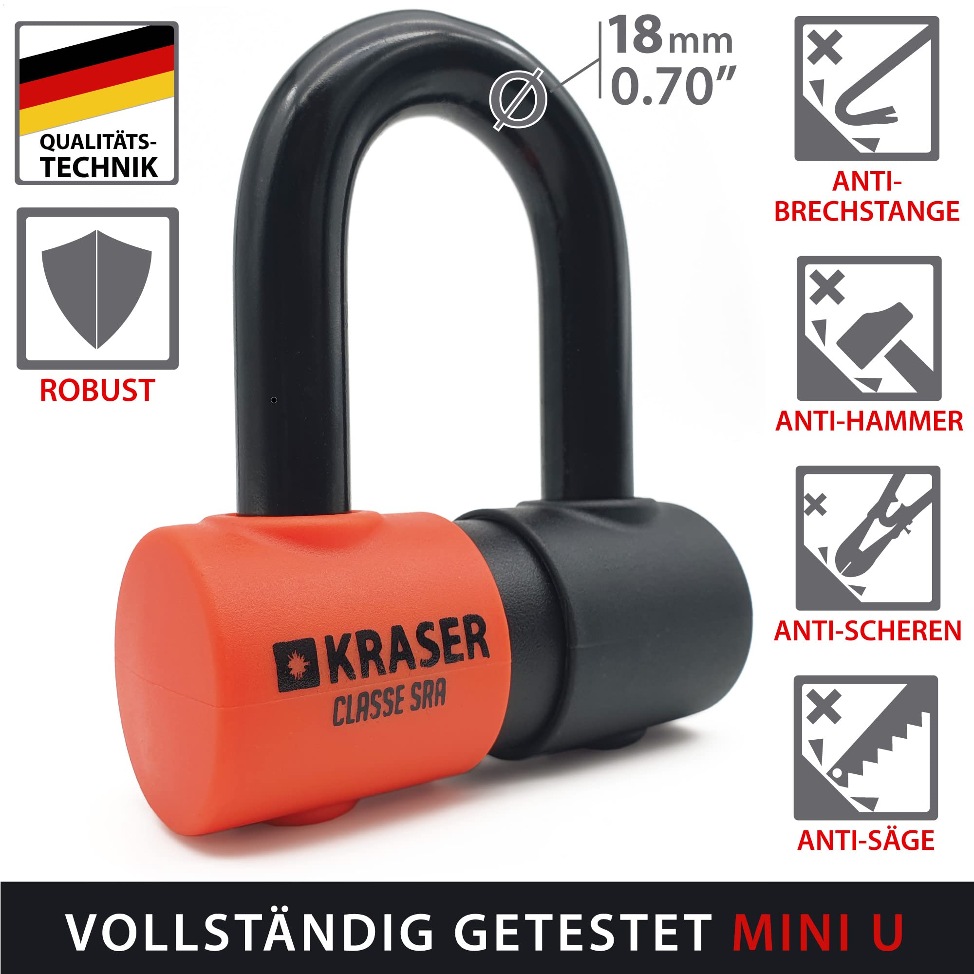 KRASER KR50 Diebstahlsicherung Motorrad Bremsscheibenschloss SRA Homologiert genehmigtes Vorhängeschloss Scheibenbremse Solid Mini U Ø18 + Erinnerungskabel, Anti-Diebstahl Motorradschloss Motorroller