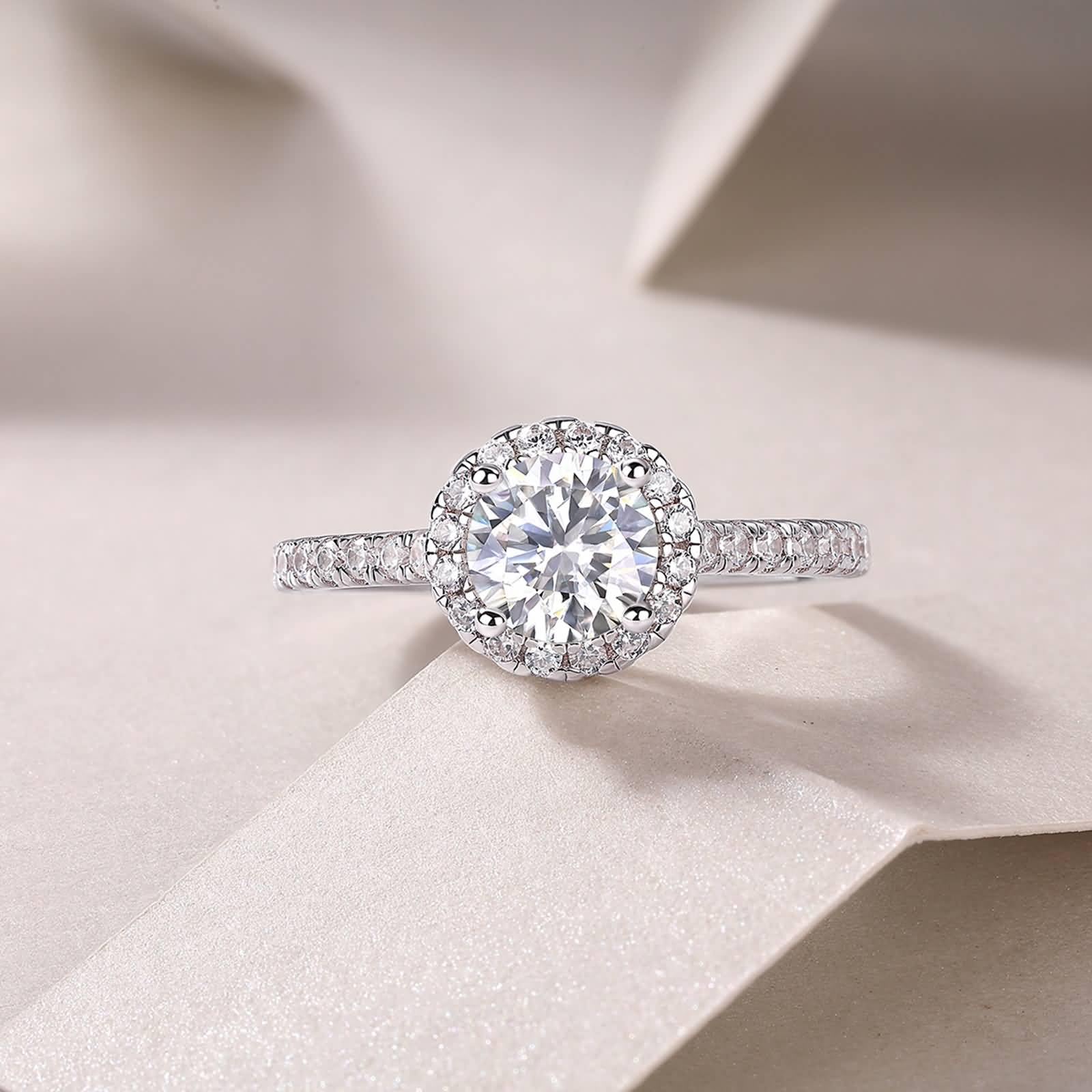 Halo Obrączki ślubne z białego złota 750 dla kobiet z 1 ct moissanit, pierścionki zaręczynowe damskie, 9K/14K/18K białe złoto/Pt950 platyna, rozmiar 47 (15,0)-65 (20,7)