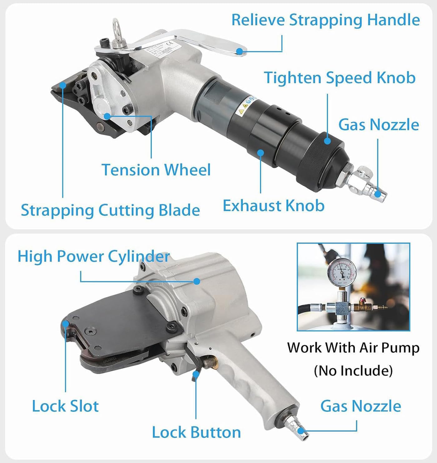 Pneumatische Umreifungsmaschine mit Spanner und Cutter für Metallbänder, starkes Kraftbündelwerkzeug für Industrieverpackungen