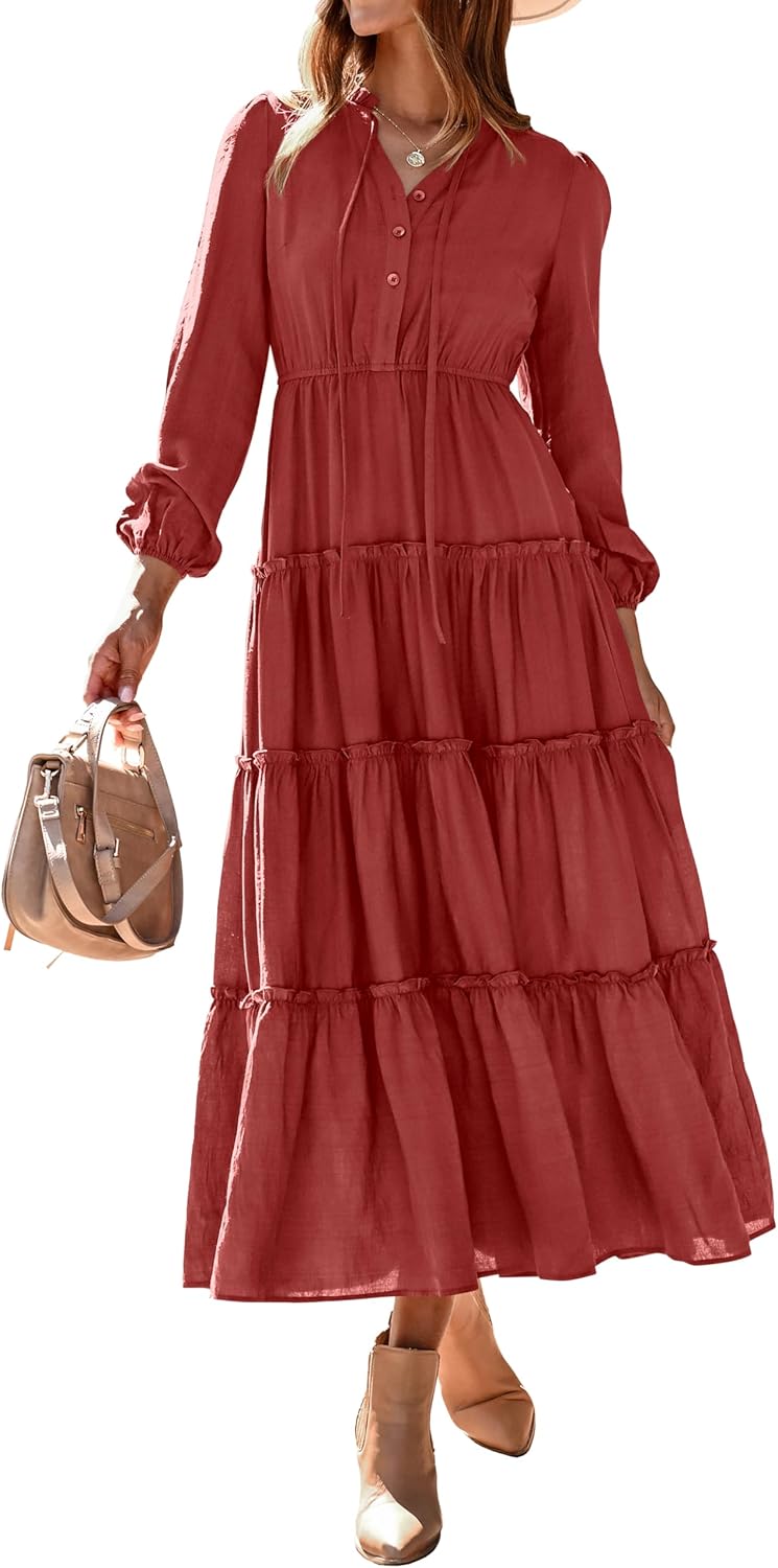 MASCOMODA Fall Long Sleeve Maxi Dresses for Women 2025 Casual Boho Button Ruffle Neck Tiered A Line Flowy Wedding Guest Dress