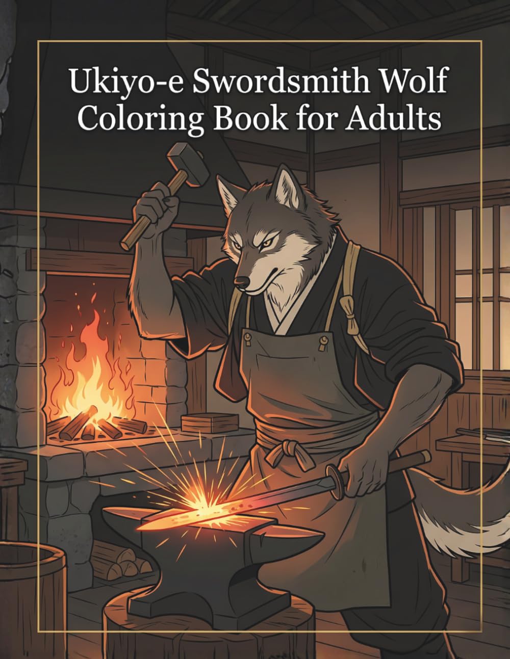 Ukiyo-e Swordsmith Wolf Coloring Book for Adults: Traditional Japanese Blade Forging Art for Stress Relief and Relaxation