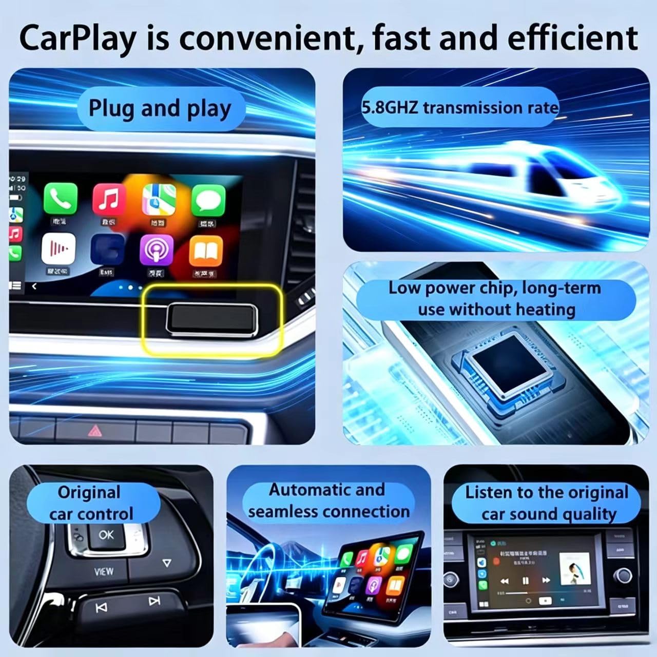 Dongle CarPlay Inalámbrico para Peugeot 508L, Adaptador USB de Cable a Wireless Baja Latencia Plug & Play Diseño Slim