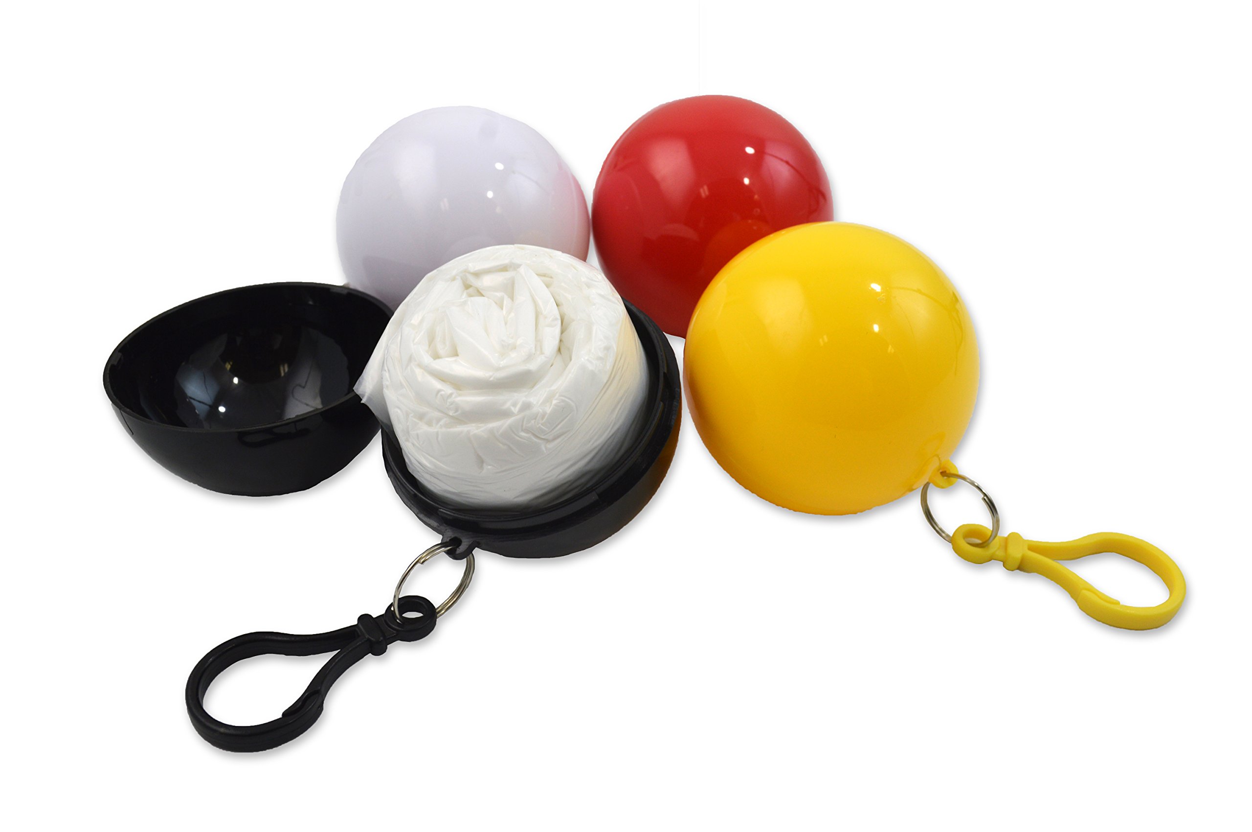 Convenient Emergency Rain Poncho with Hood Packaged in Balls to Easily Clip to Backpack or Purse. Great for Travel, Events, Outdoor Work. 4 Favorite Colors. One Size fits Most. 2 Extra Ponchos