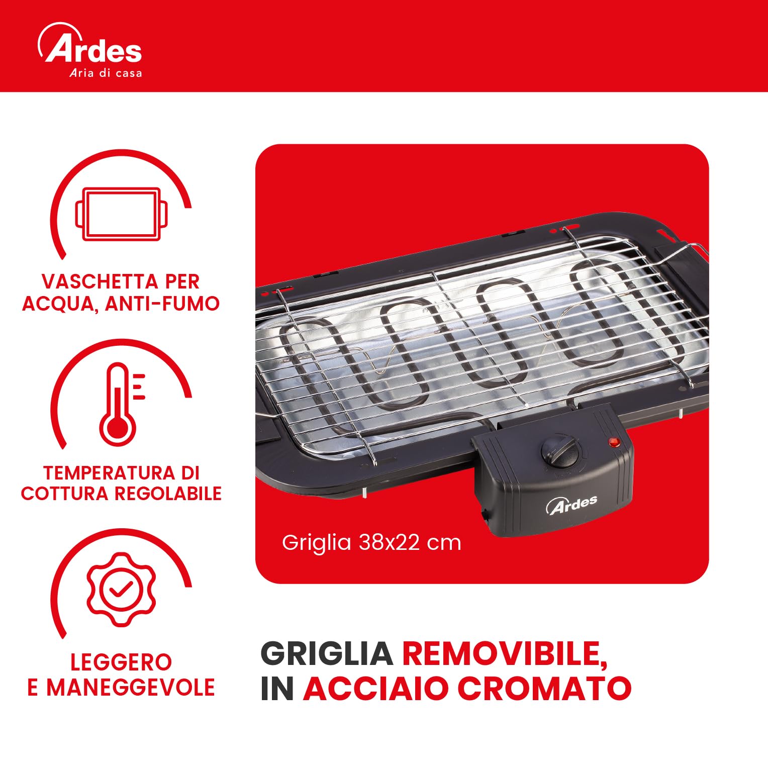Ardes BRASITO1 Barbecue Elettrico senza Fumo 2200 W con Griglia Rimovibile, Vaschetta per Acqua e Termostato Regolabile, Ideale per Interni ed Esterni
