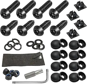 YALOK Anti Theft License Plate Screws Kits- Rustproof Stainless Steel Car Tag Plate Mounting Hardware, M6 (1/4") Tamper Proof Fastener Nut, Caps Cover for Front Rear Frame Holder Mounting（Black-Set1）