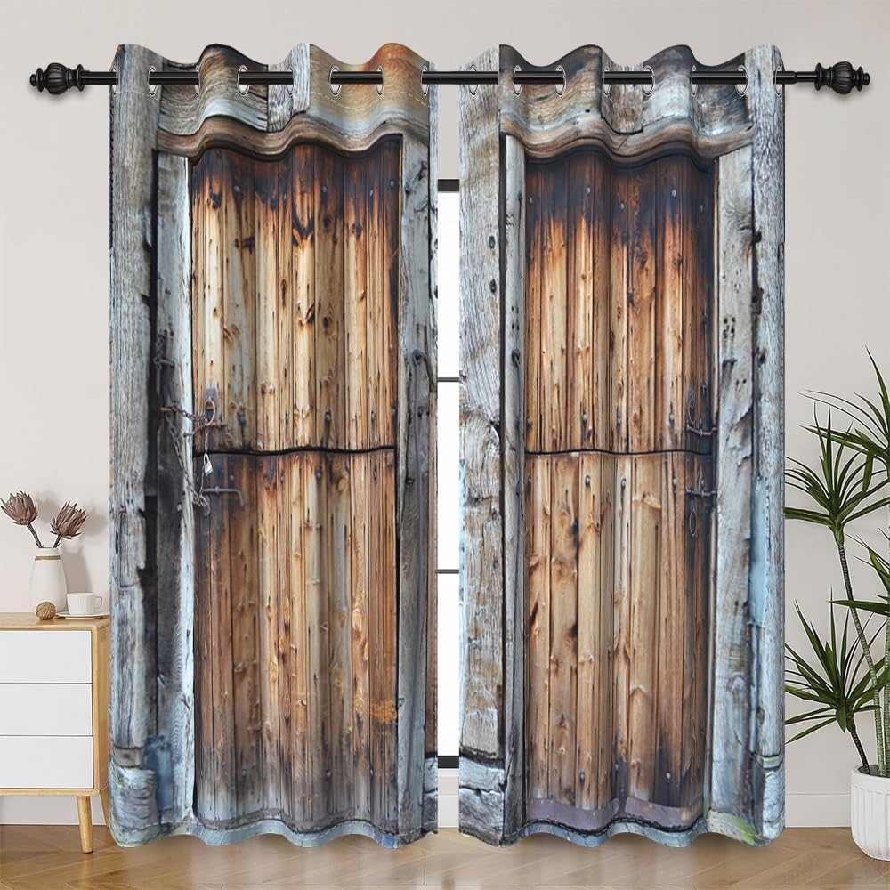 DORCEV Rustic Barn Door Window Curtains Vintage Dilapidated Wooden Door Curtains Window Drapes for Living Room Bedroom Rural Farmhouse Farm Kitchen