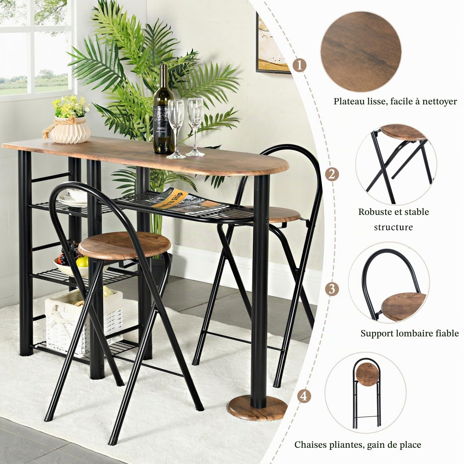 Tabouret de Bar Pliant Lot de 2, Tabouret de Bar Pliable avec Dossier Chaise de Bar Tabouret Pliante Tabouret Pliant Portable pour Bar Cuisine Balcon Jardin, Hauteur d'assise 55,5 cm, Brun