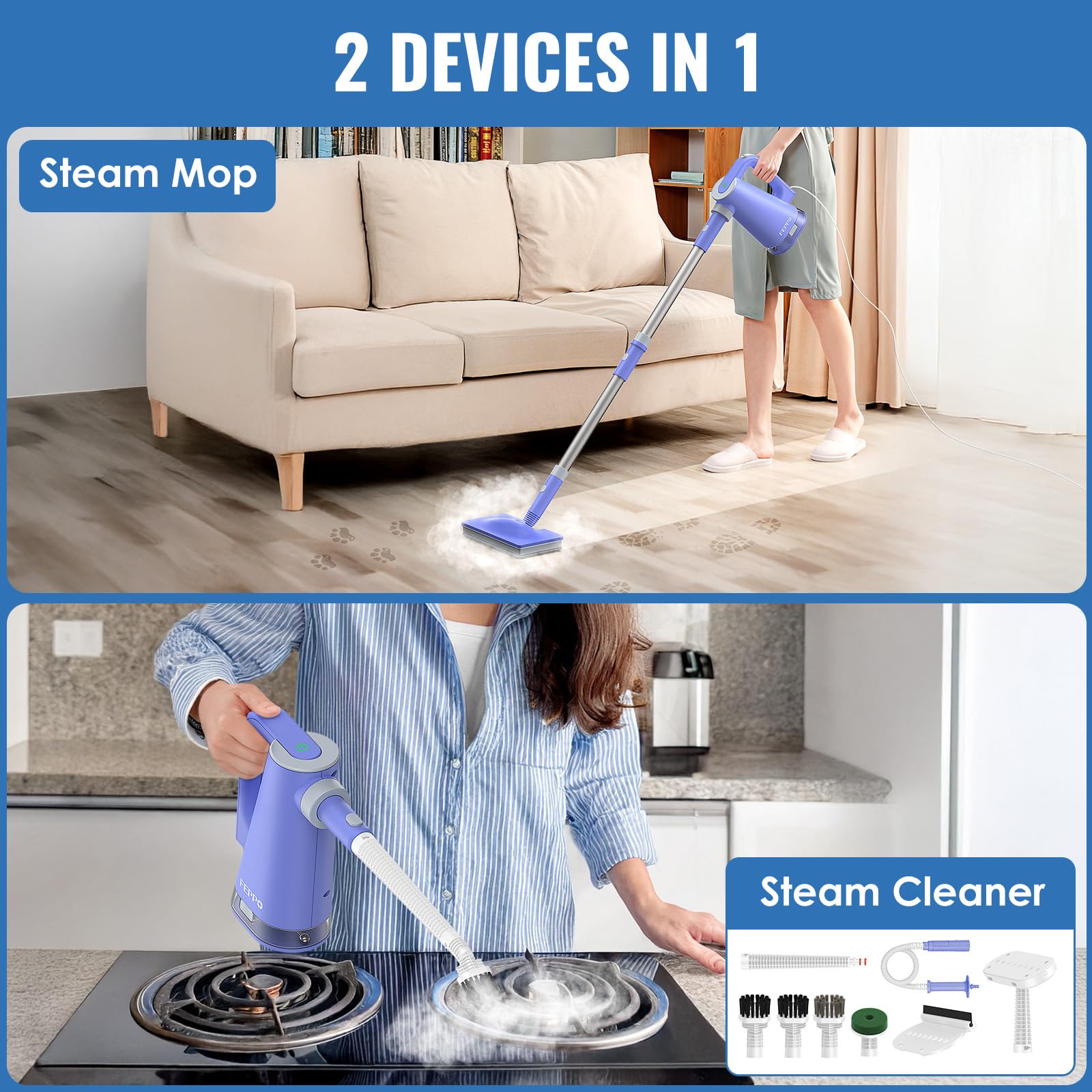 FEPPO Pulitore a vapore con vaporizzatore portatile rimovibile per la pulizia del pavimento, include accessori multiuso e cuscinetti in microfibra lavabili