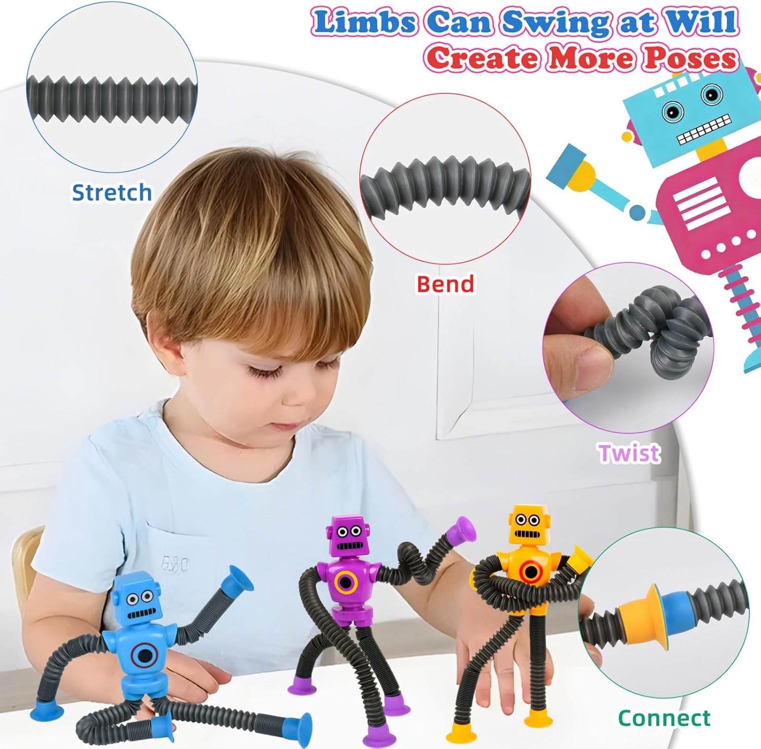 4 Pack Pop Tubes Robot Fidget Toys for Kids Autism, Telescopic Suction Cup Toy, Sensory Toys, Halloween Party Favors, Stocking Stuffers Gift for Kids and Toddlers