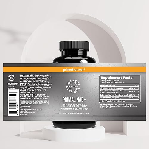 Miniatura 5 de Primal Harvest Suplemento NAD+ ribósido de nicotinamida, trans-resveratrol, betaína, CoQ10, suplementos NAD para salud celular, energía y apoyo