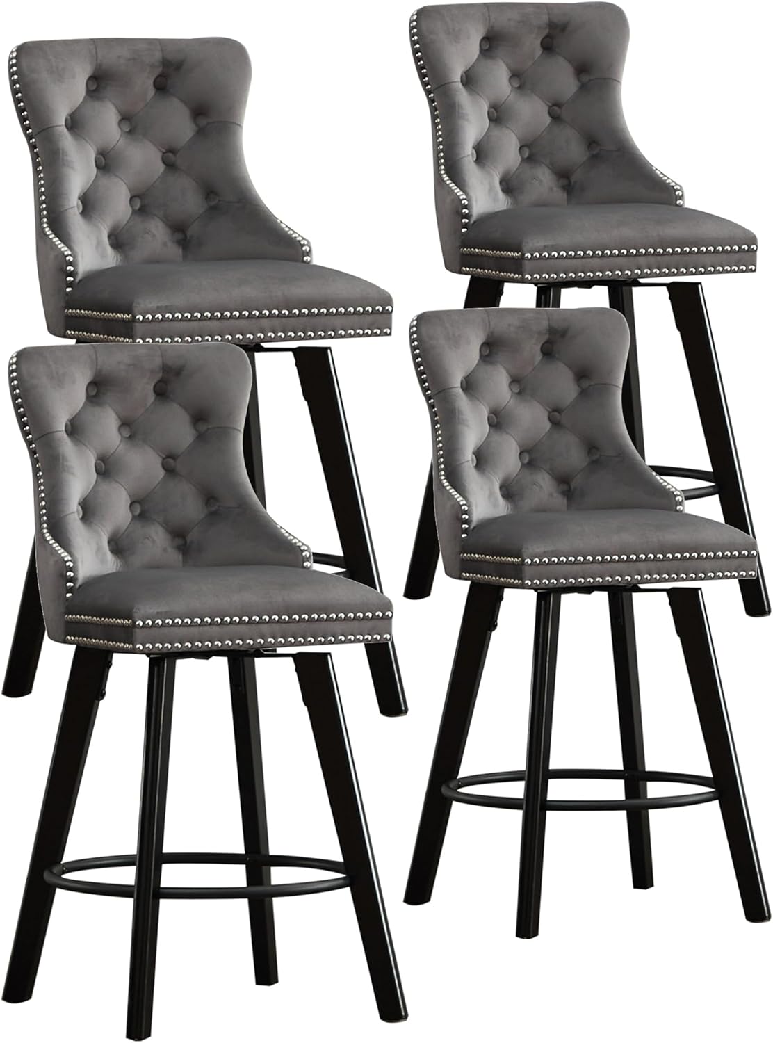 YITAI Modern Swivel Set of 4 Velvet Barstools with Large Backrest and Sturdy Metal Footrest,Button Tufted Rivet Trim Dining Room Chairs with Metal Pull Ring for Kitchen Island，Home Bar,Bistro,Gray
