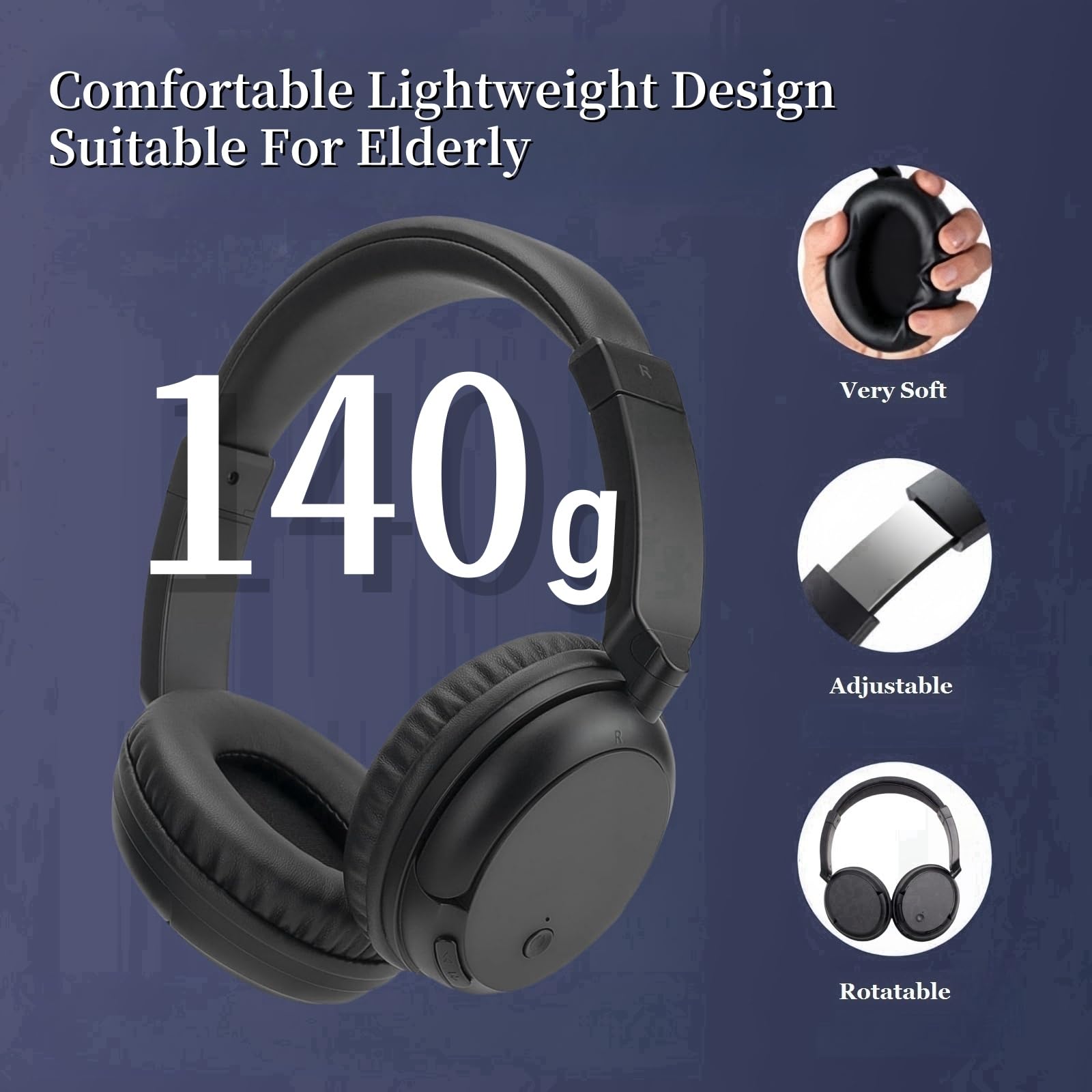 Auricolare Senza Fili Bluetooth, Cuffie TV Senza Fili per Anziani, Cuffie Over-Ear Audio di Alta Qualità Leggero e Confortevole, 30 ore di Riproduzione, Adatto per TV/Mobile/Computer, Peso 140g - Nero