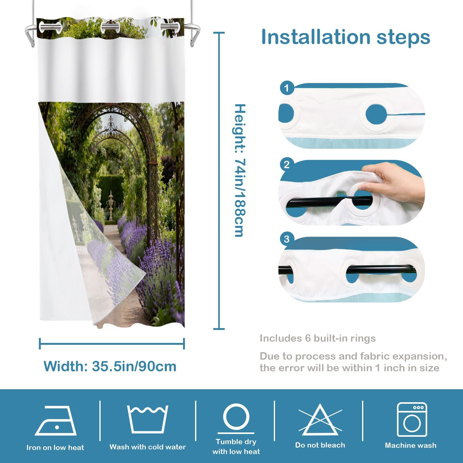 Batmerry Colorful England Summer No Hooks Shower Curtain with Snap in Liner Set, Flower Garden Path Archway Painting Bathroom Decor Polyester Quick-Drying Waterproof for Bathtubs, 35.5X74 in