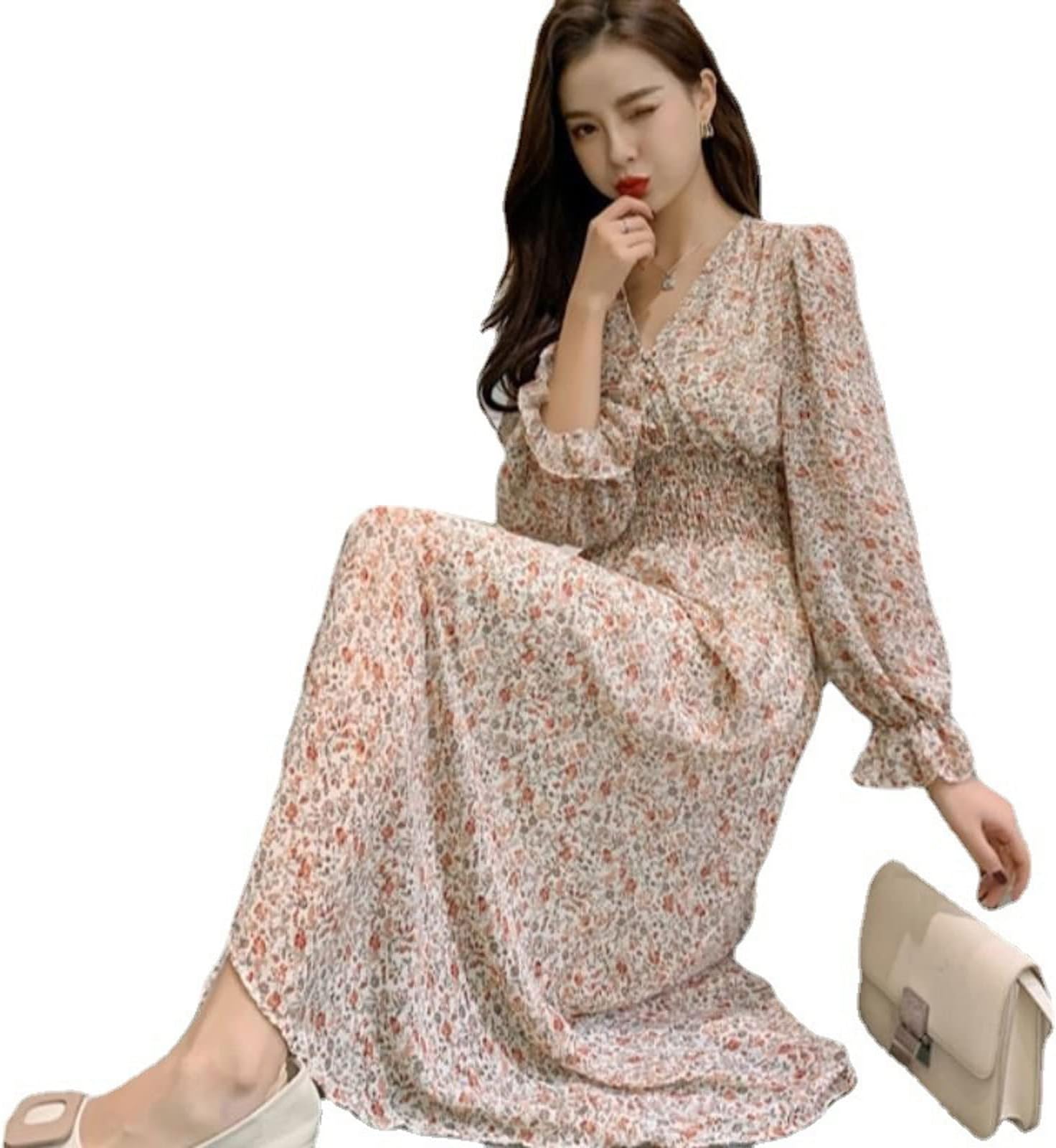 GIFTZUWomen's Wrap Up Dress, Dress Women Spring Elegant Tender Floral Princess Sleeve Folds Trendy V-neck Fairy French Style Romantic Mid-calf Female Cozy (Color : Pink, Size : S)